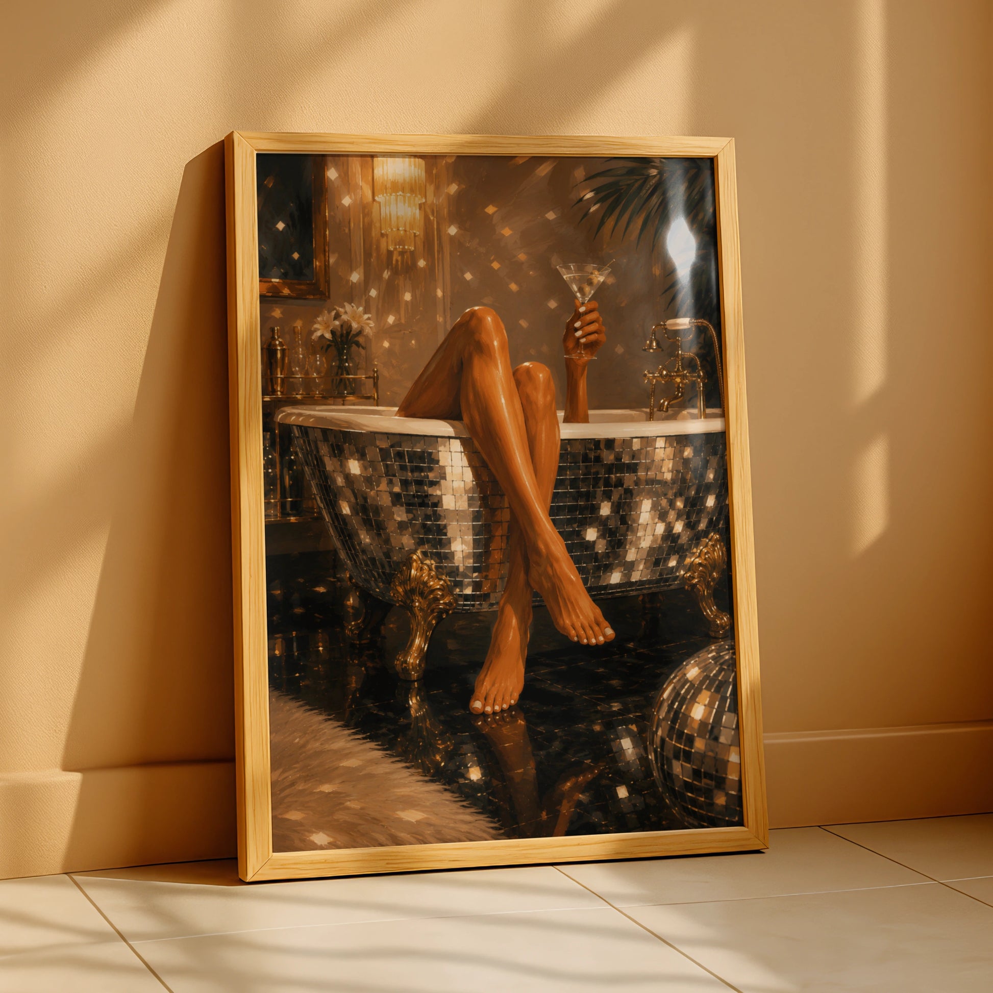 Glamorous woman holding a martini in a mirrored bath with gold decor