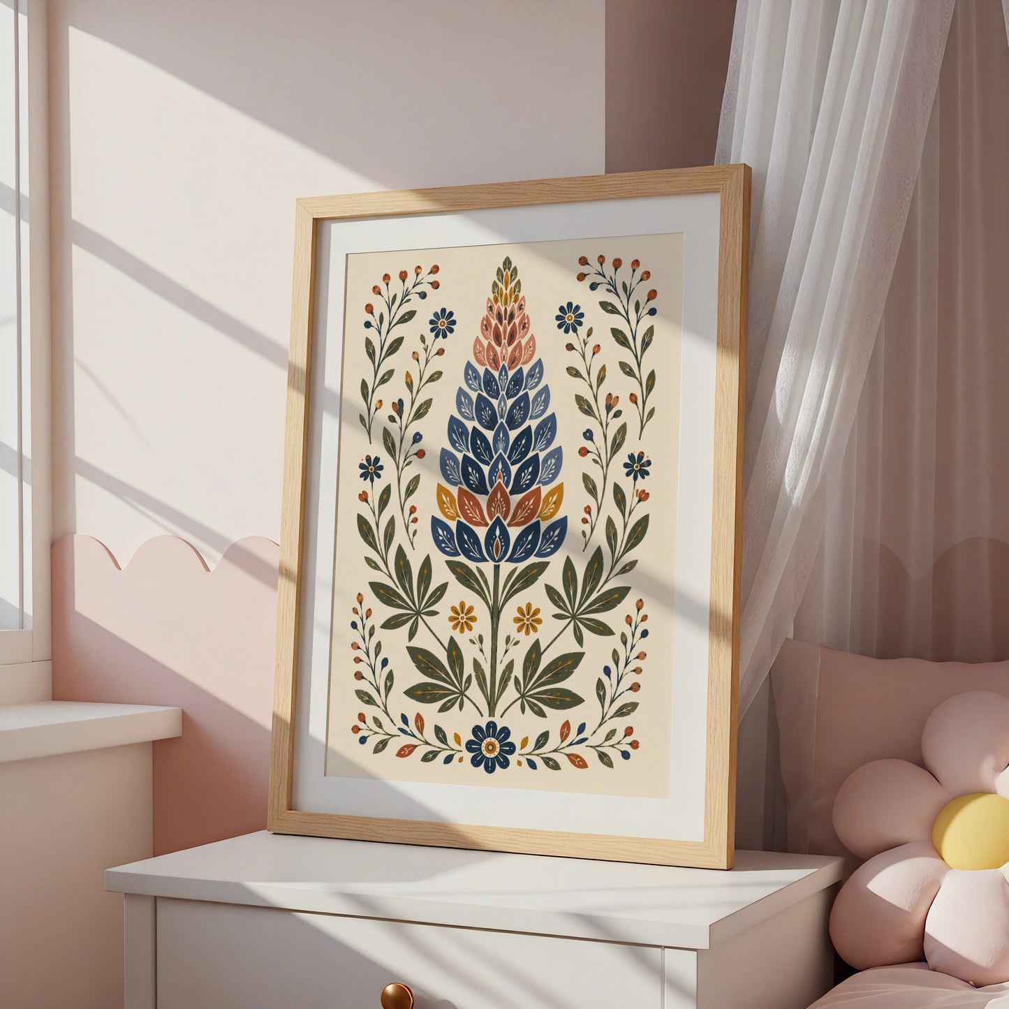 Folk Art Lupin Poster, Botanical Wildflower Print, Navy Blue Floral Wall Art, Scandi Style