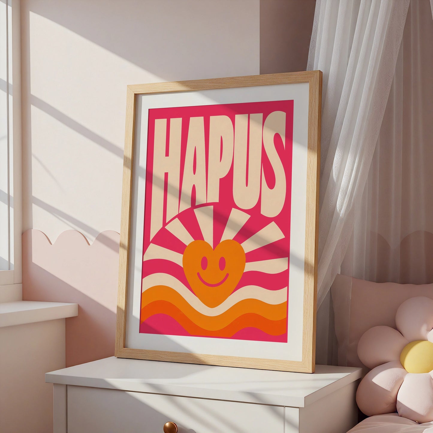 Hapus Welsh Happy Poster, Wales Retro Smiley Heart Wall Art, Pink Groovy Print