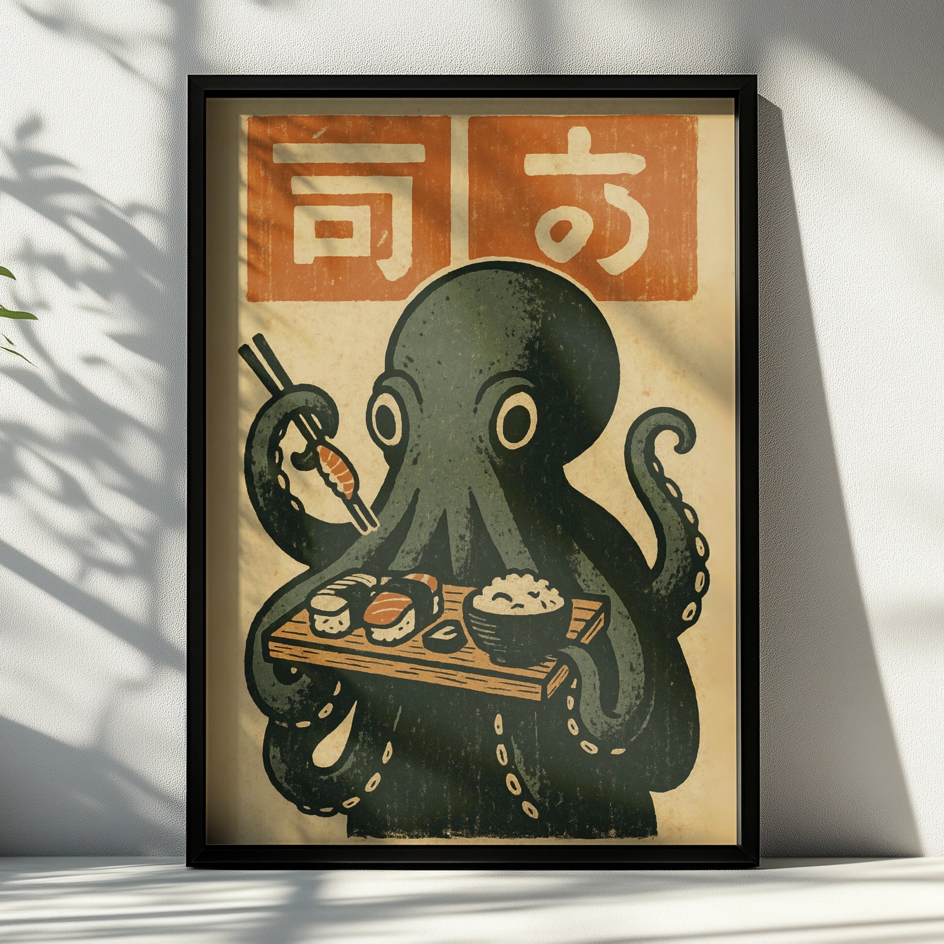 Sushi Octopus Poster, Japanese Woodblock Style Wall Art, Funny Kitchen Print