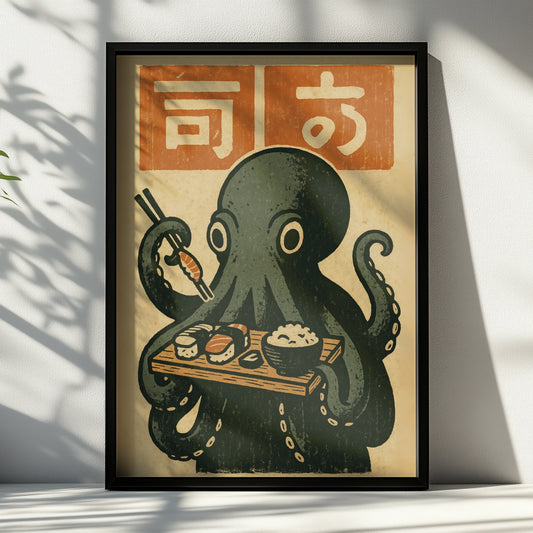 Sushi Octopus Poster, Japanese Woodblock Style Wall Art, Funny Kitchen Print