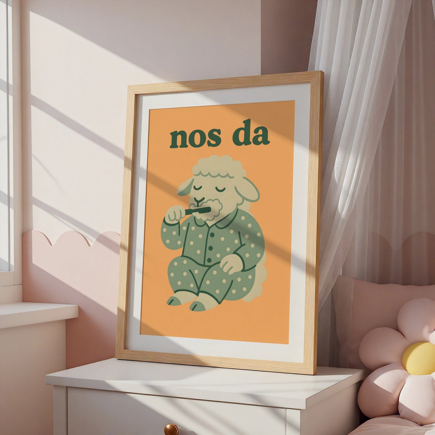 Nos Da Welsh Sheep Poster, Wales Nursery Wall Art, Cute Bedtime Print, Kids Room Decor