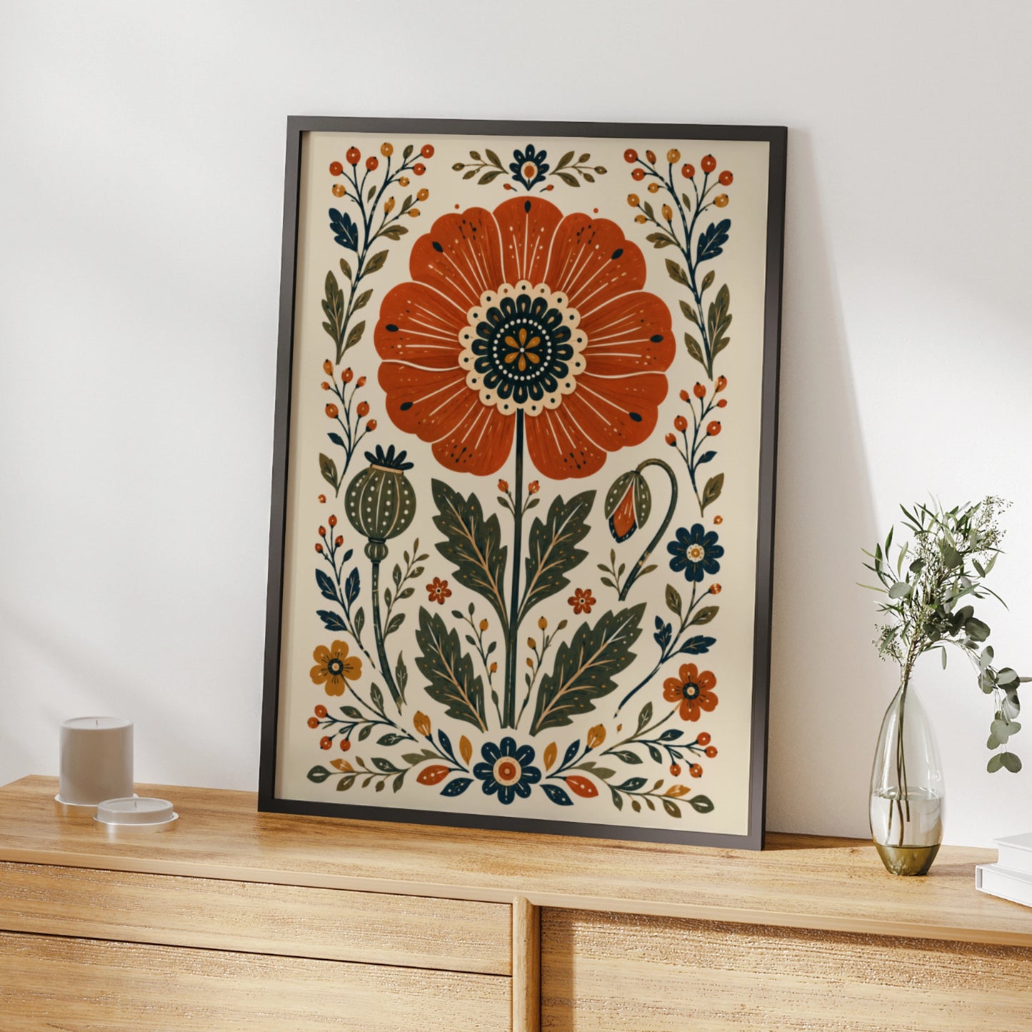 Folk Poppy Poster, Floral Wall Art, Botanical Print, Scandi Folk Art, Red Poppy Decor