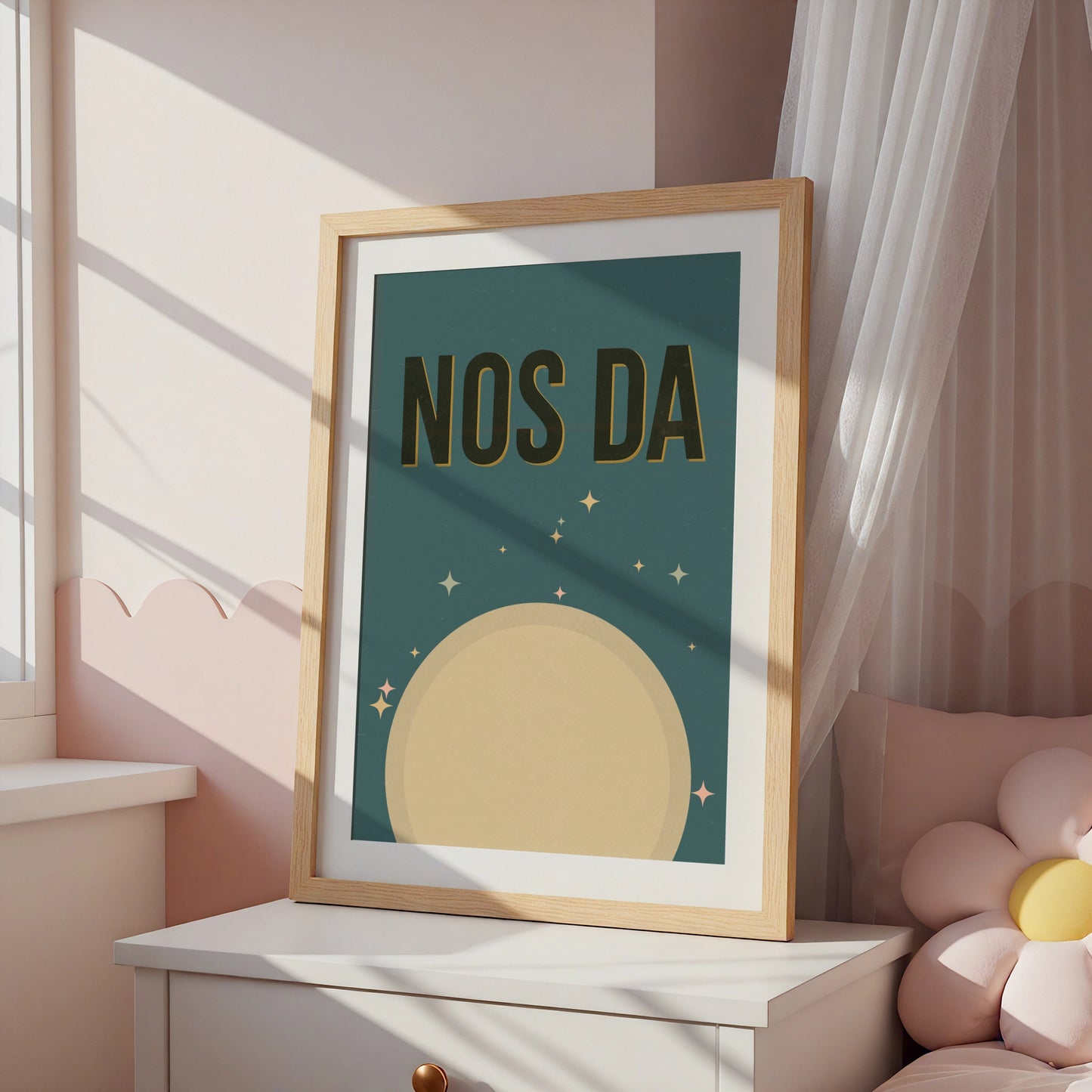 Nos Da Welsh Goodnight Poster, Wales Moon Print, Retro Teal Nursery Wall Art