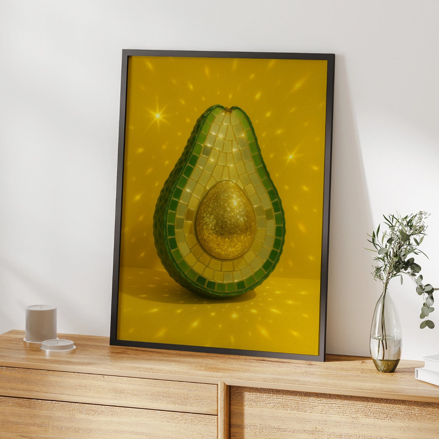 Mosaic disco avocado with a gold stone on a bright yellow background
