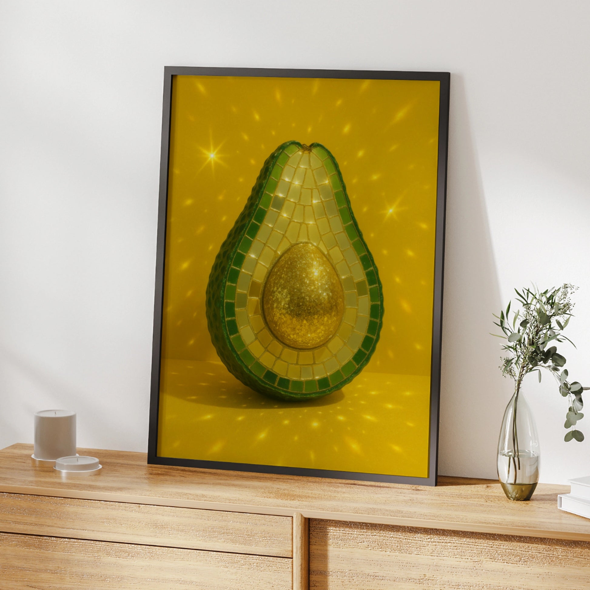 Mosaic disco avocado with a gold stone on a bright yellow background