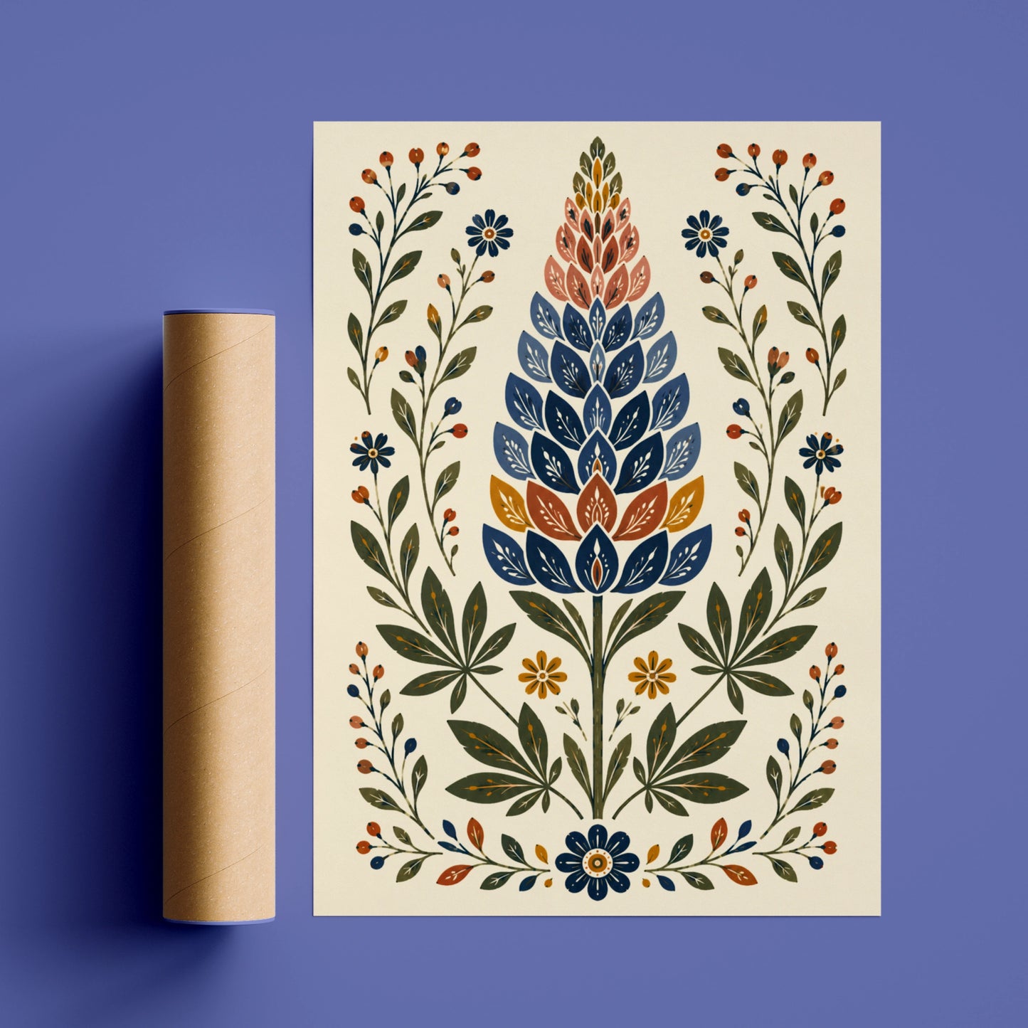 Folk Art Lupin Poster, Botanical Wildflower Print, Navy Blue Floral Wall Art, Scandi Style