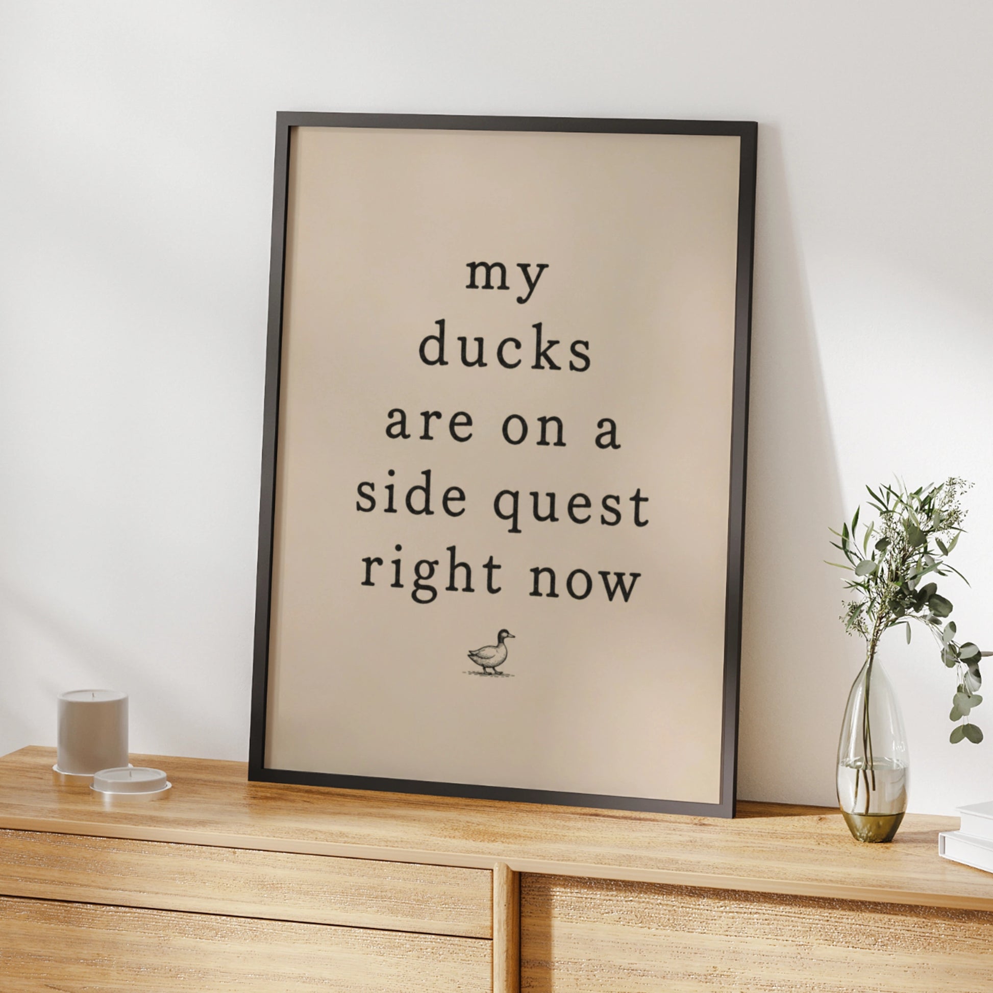 Funny side quest quote with a vintage duck illustration on a cream background