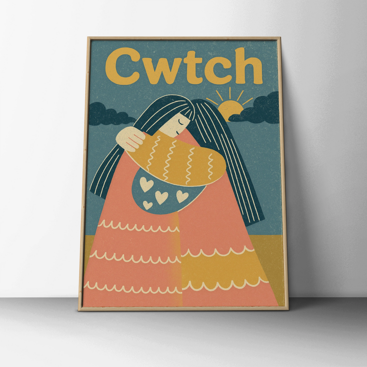 Cwtch Welsh Hug Poster, Wales Wall Art, Retro Friends Embrace Print, Gift