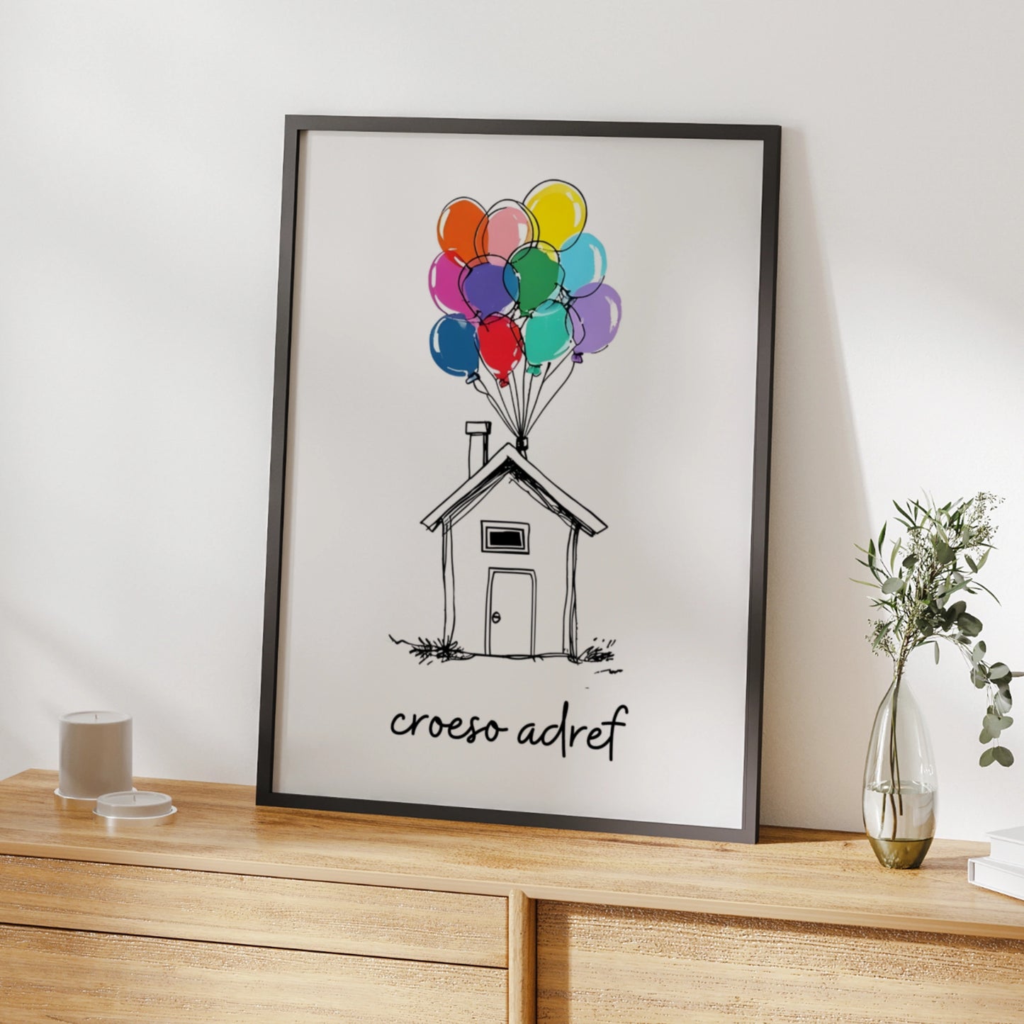 Croeso Adref Welsh Welcome Home Poster, Wales New Home Wall Art, Colourful Balloons Print
