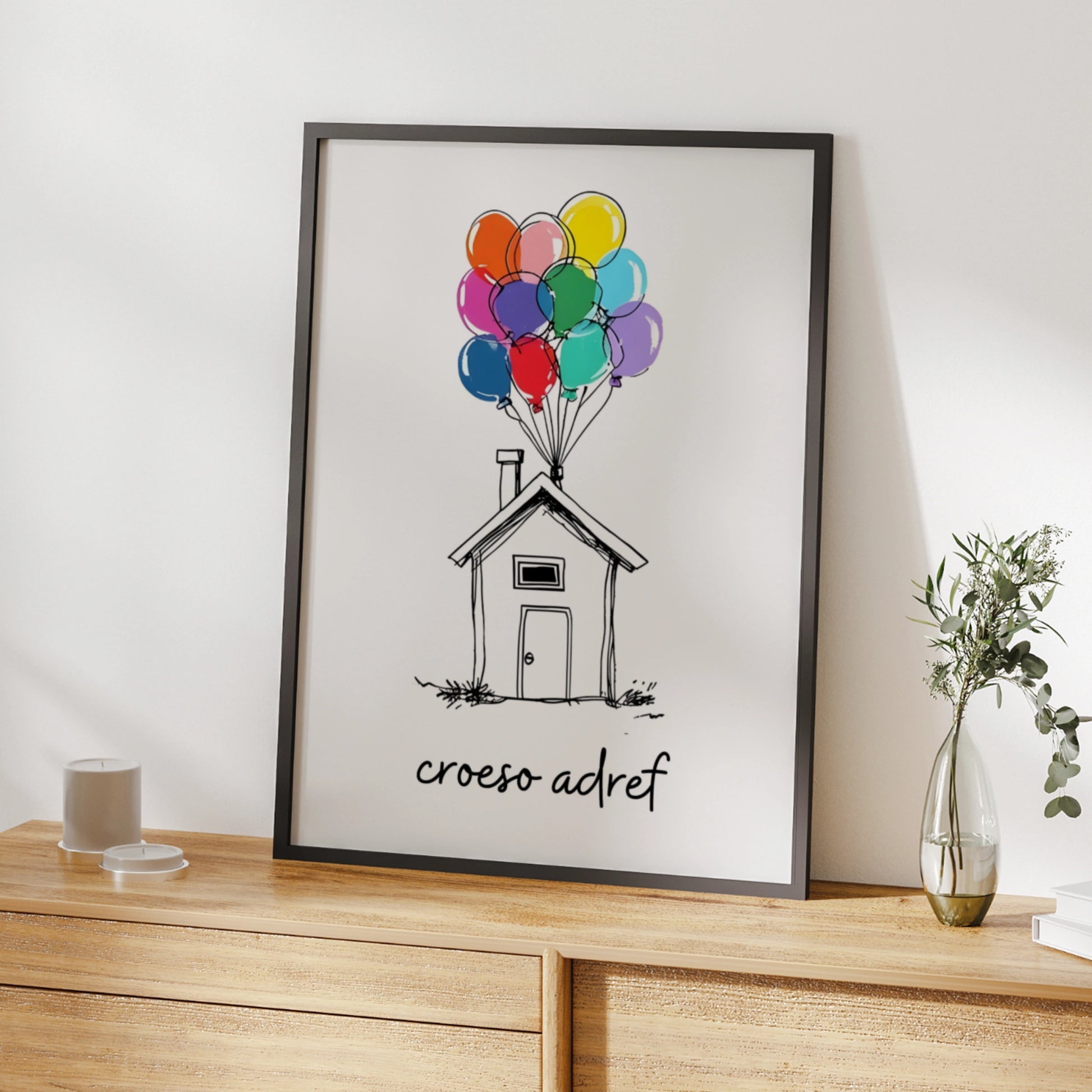 Croeso Adref Welsh Welcome Home Poster, Wales New Home Wall Art, Colourful Balloons Print