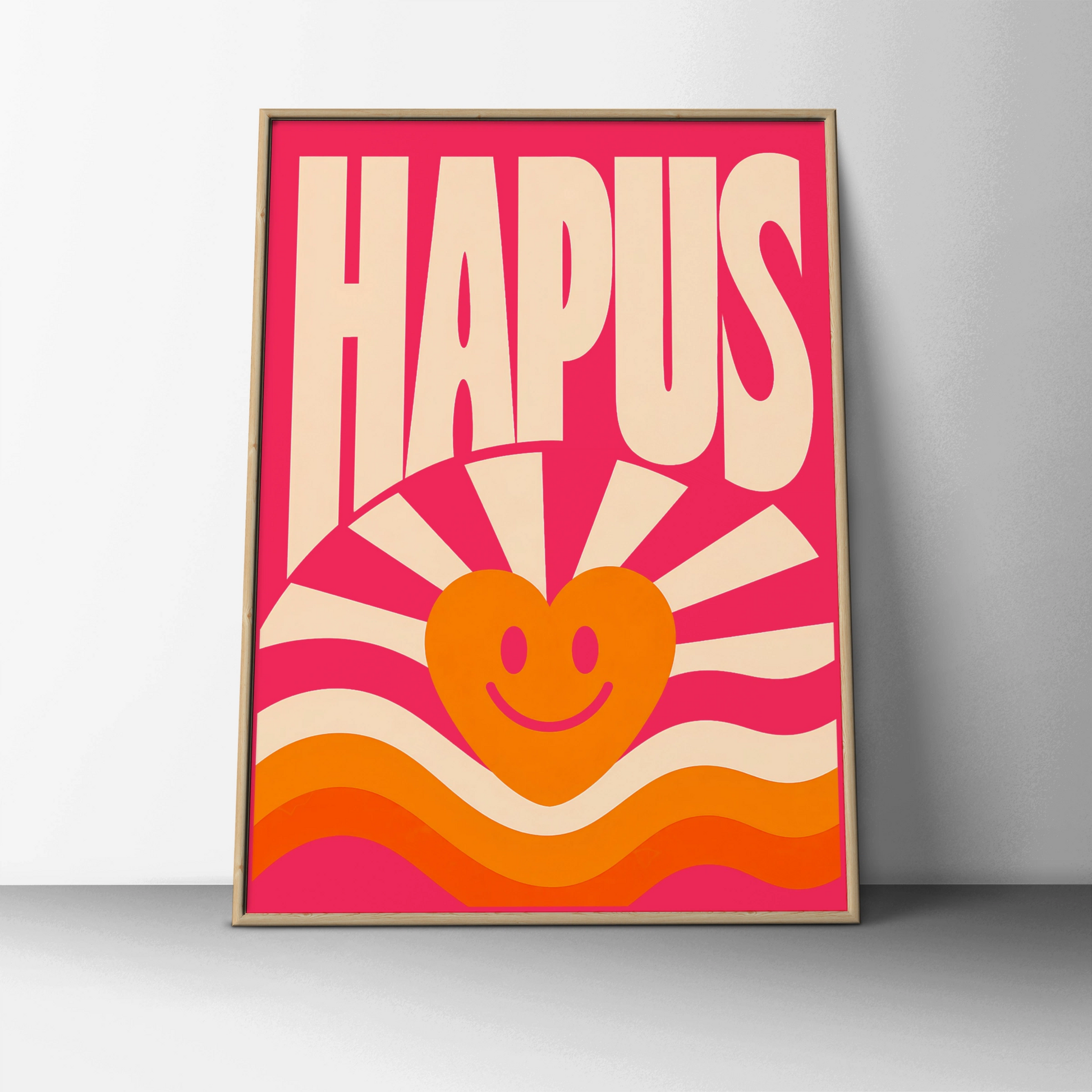 Hapus Welsh Happy Poster, Wales Retro Smiley Heart Wall Art, Pink Groovy Print