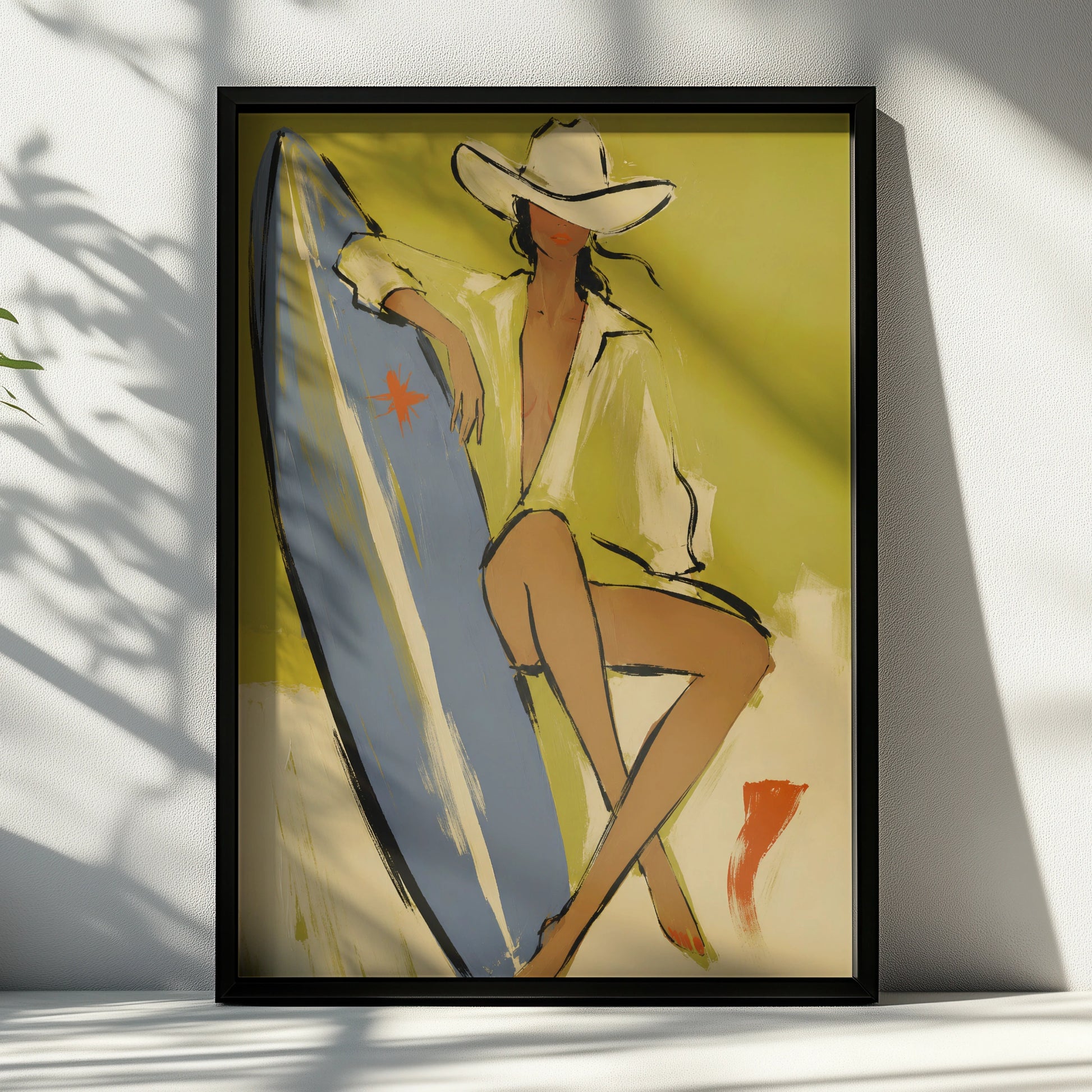 Cowgirl surfer poster with white cowboy hat, blue surfboard and olive-green background