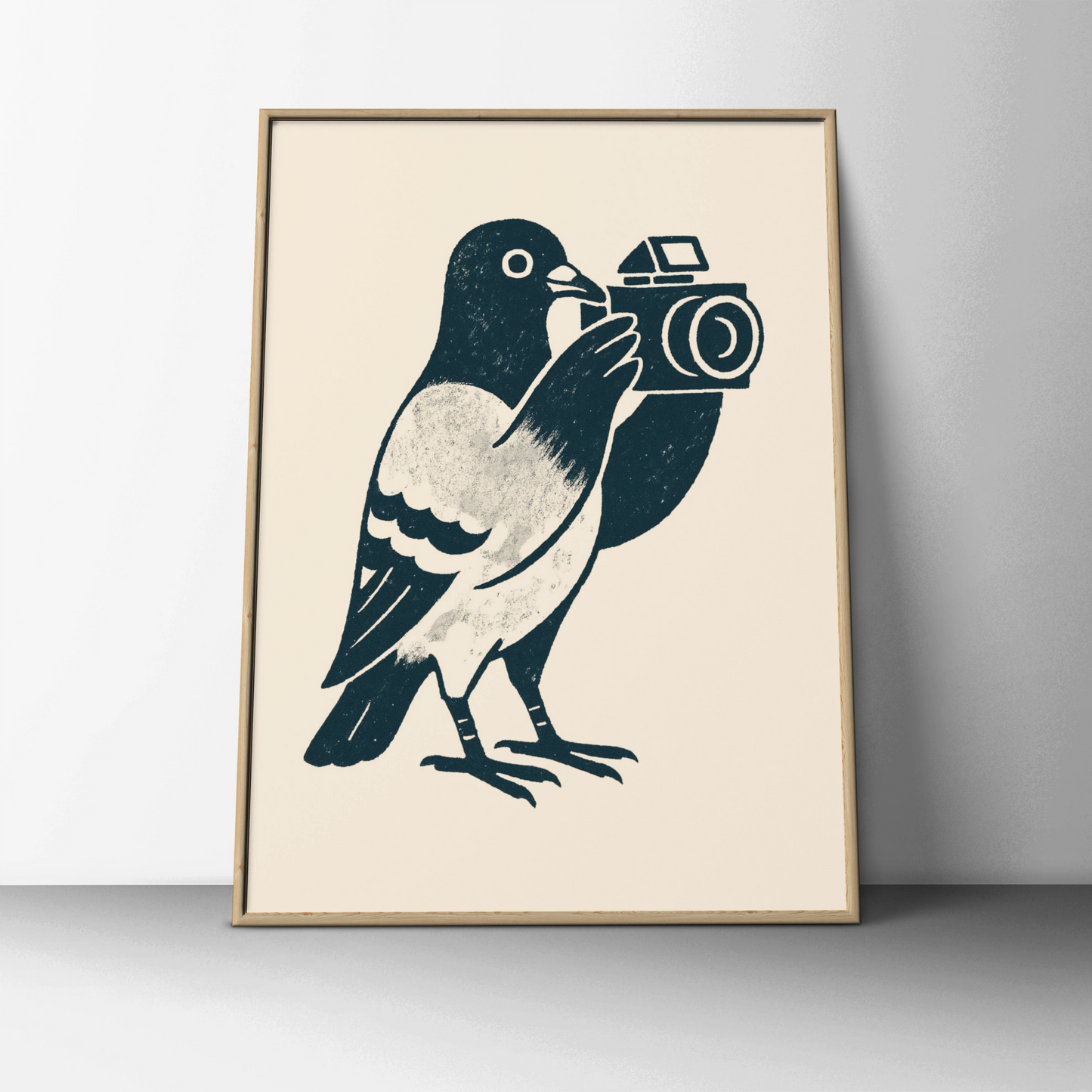 Pigeon camera poster in textured navy linework on a warm cream background