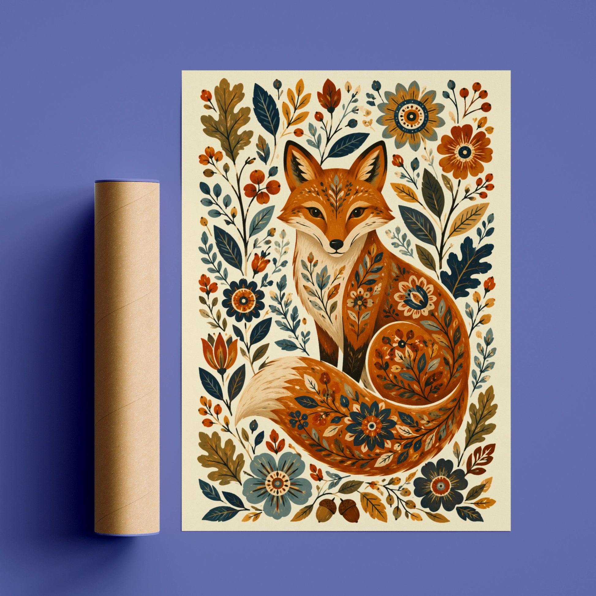 Folk Fox Poster, Floral Fox Wall Art Print, Botanical Wildlife Nursery Decor, Wilderkind