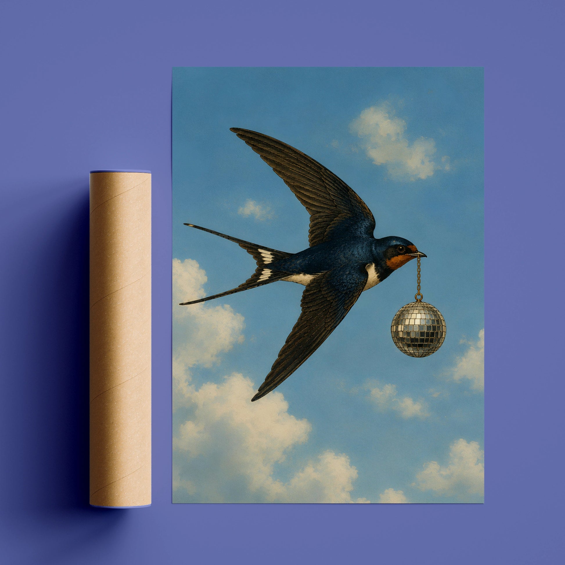 Illustrated swallow carrying a silver disco ball through a cloudy blue sky