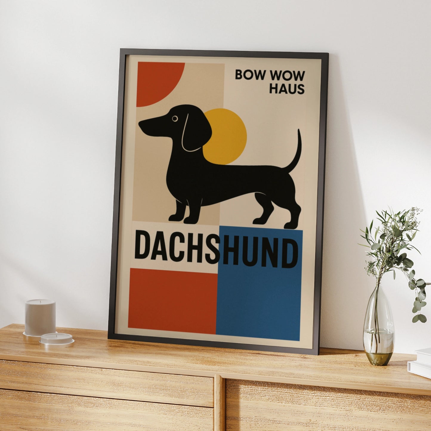 Dachshund Poster, Bauhaus Dog Wall Art, Sausage Dog Print, Retro Geometric Dog Lover Gift
