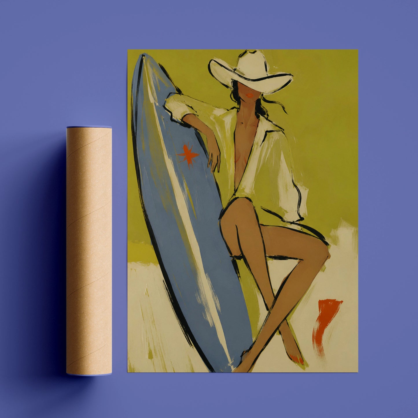 Cowgirl surfer poster with white cowboy hat, blue surfboard and olive-green background