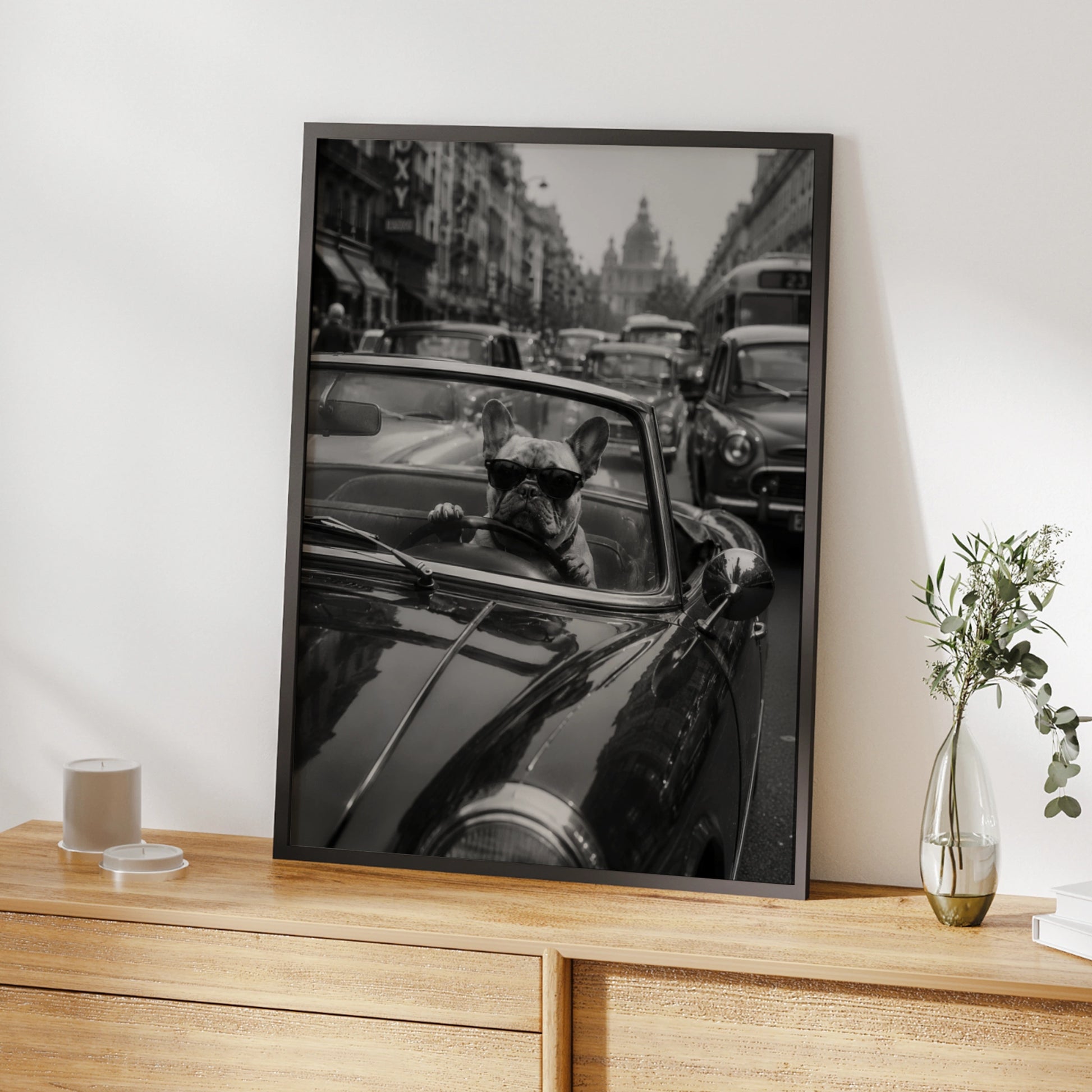 French Bulldog Driving Classic Car Poster, Funny Dog Wall Art, Black and White Print