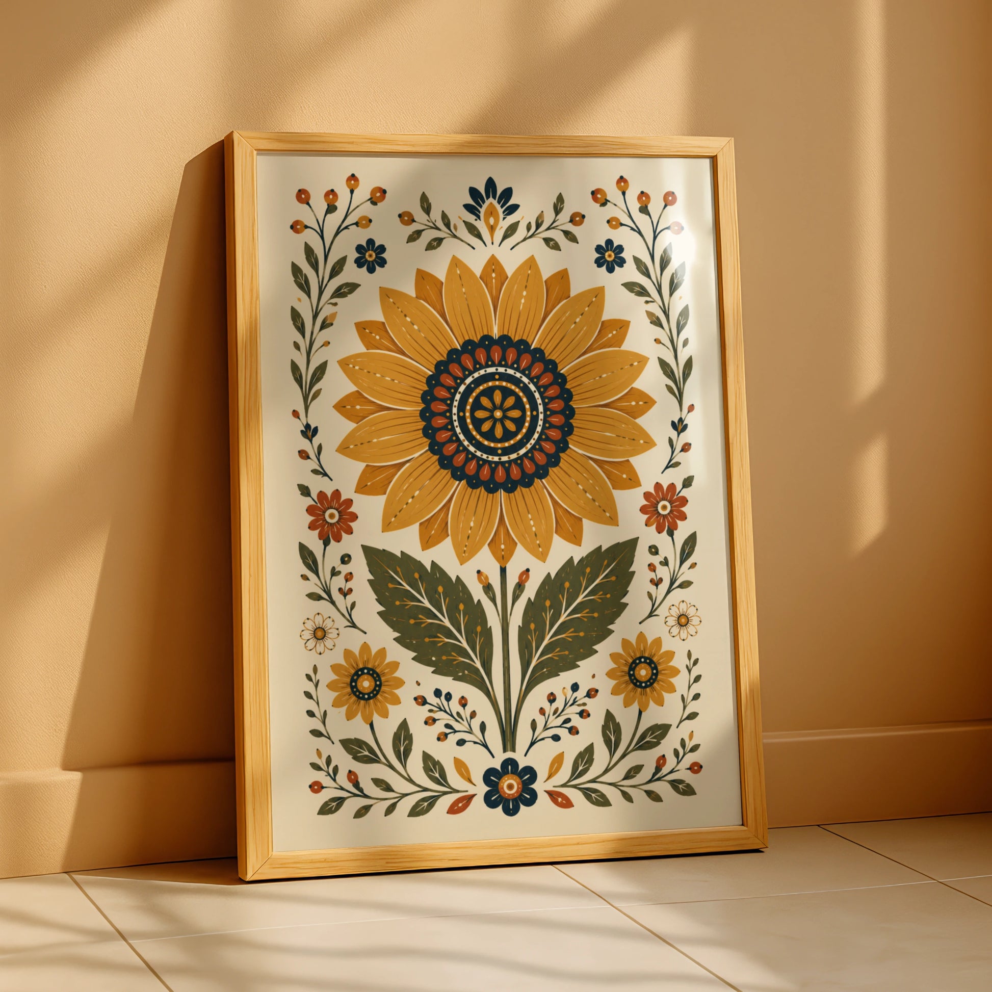 Folk Sunflower Poster, Botanical Floral Wall Art, Mustard Navy Vintage Print, Wilderkind