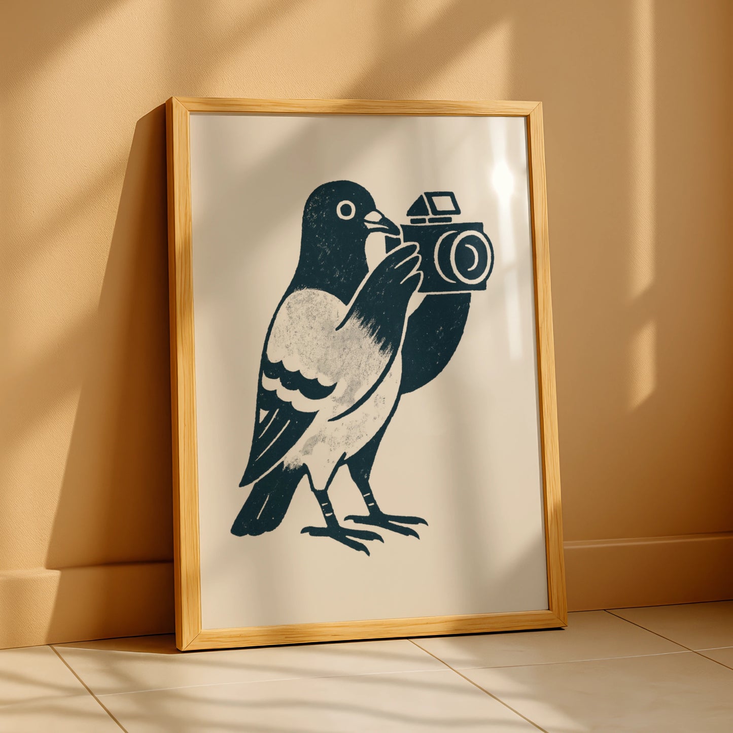 Pigeon camera poster in textured navy linework on a warm cream background