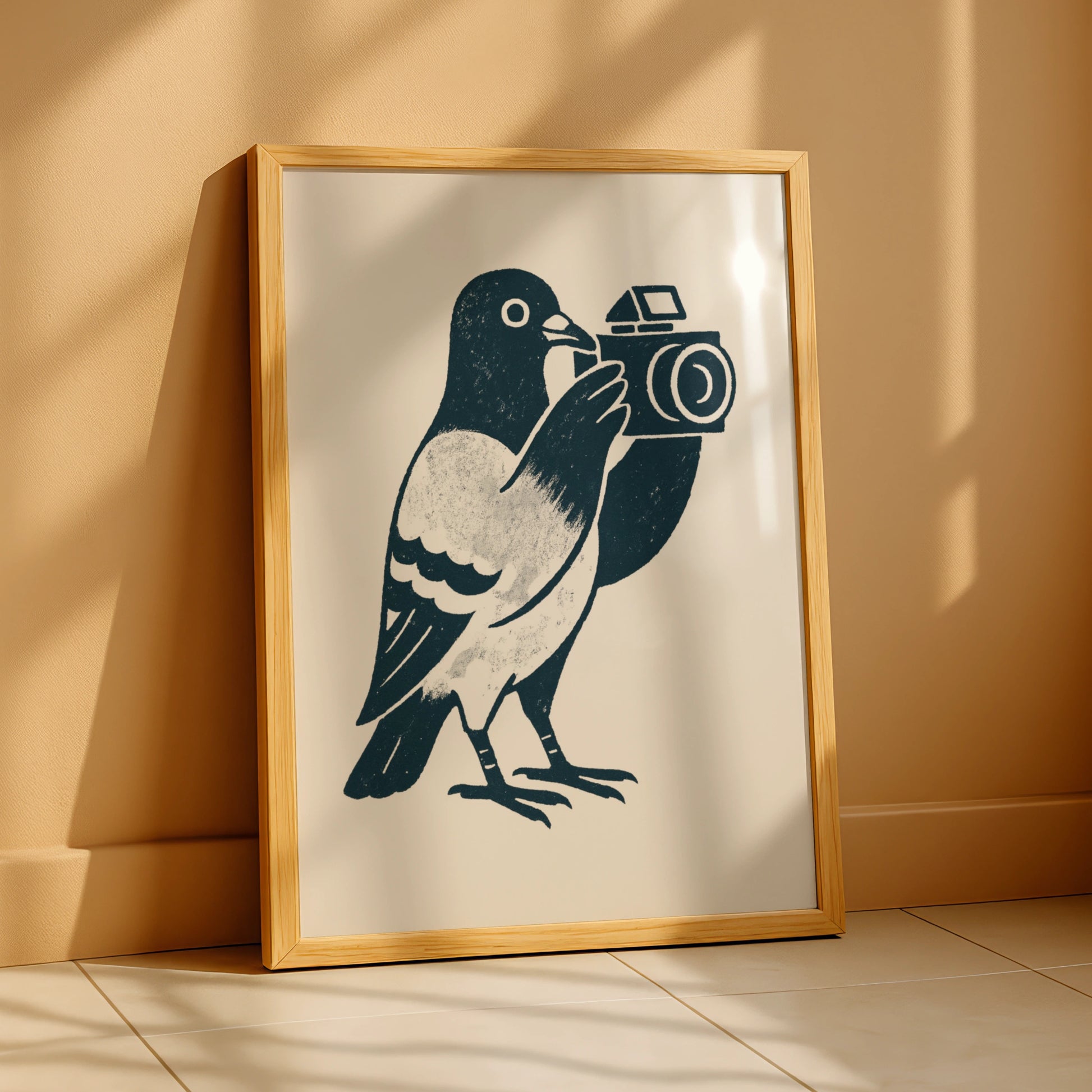 Pigeon camera poster in textured navy linework on a warm cream background