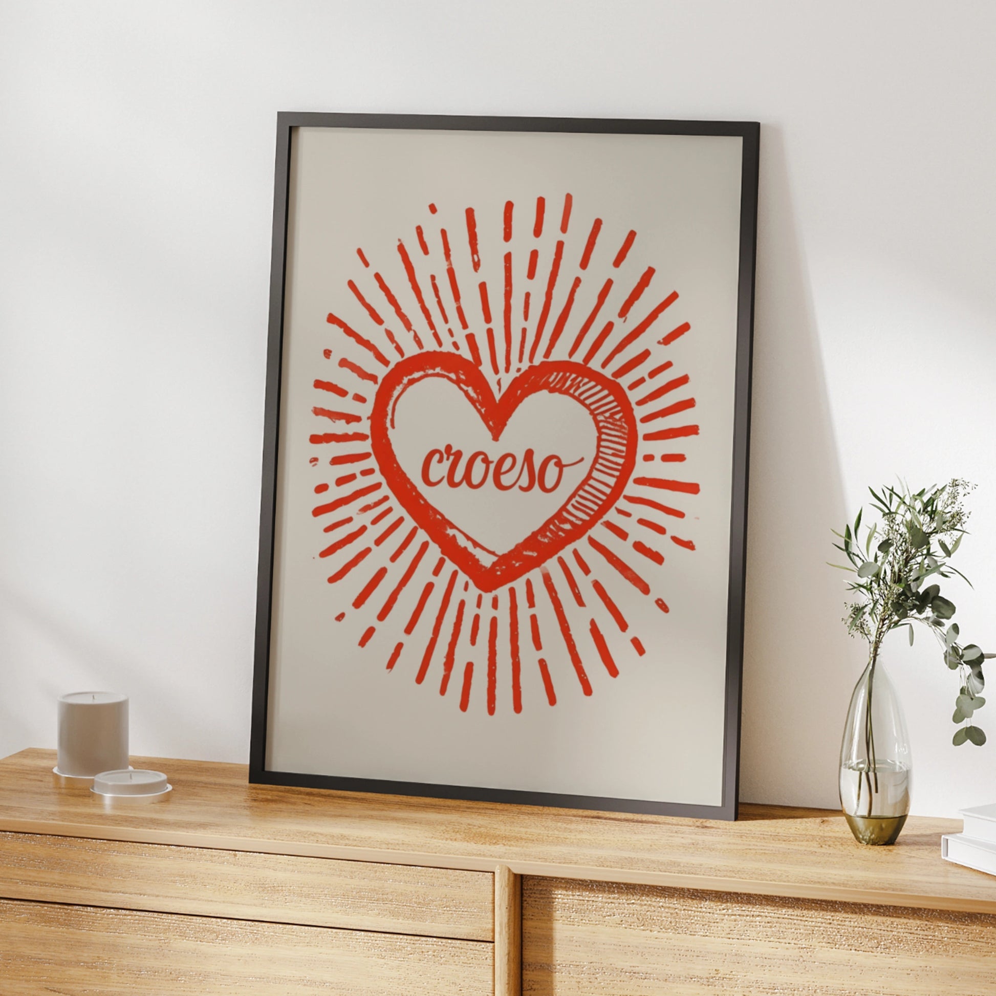 Croeso Welsh Welcome Heart Poster, Wales Wall Art, Red Retro Sun Ray Print