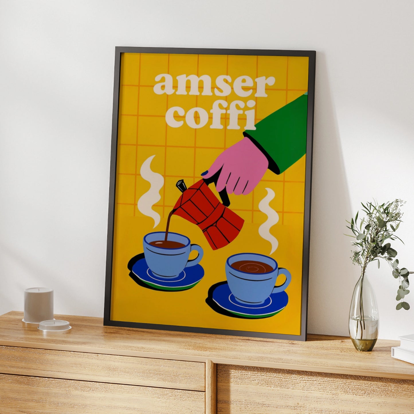 Amser Coffi Welsh Coffee Time Poster, Wales Wall Art, Bold Retro Kitchen Print
