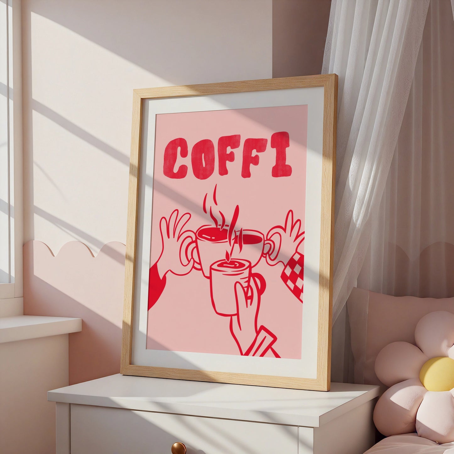 Coffi Welsh Coffee Poster, Wales Wall Art, Pink Red Kitchen Print, Cymraeg Gift