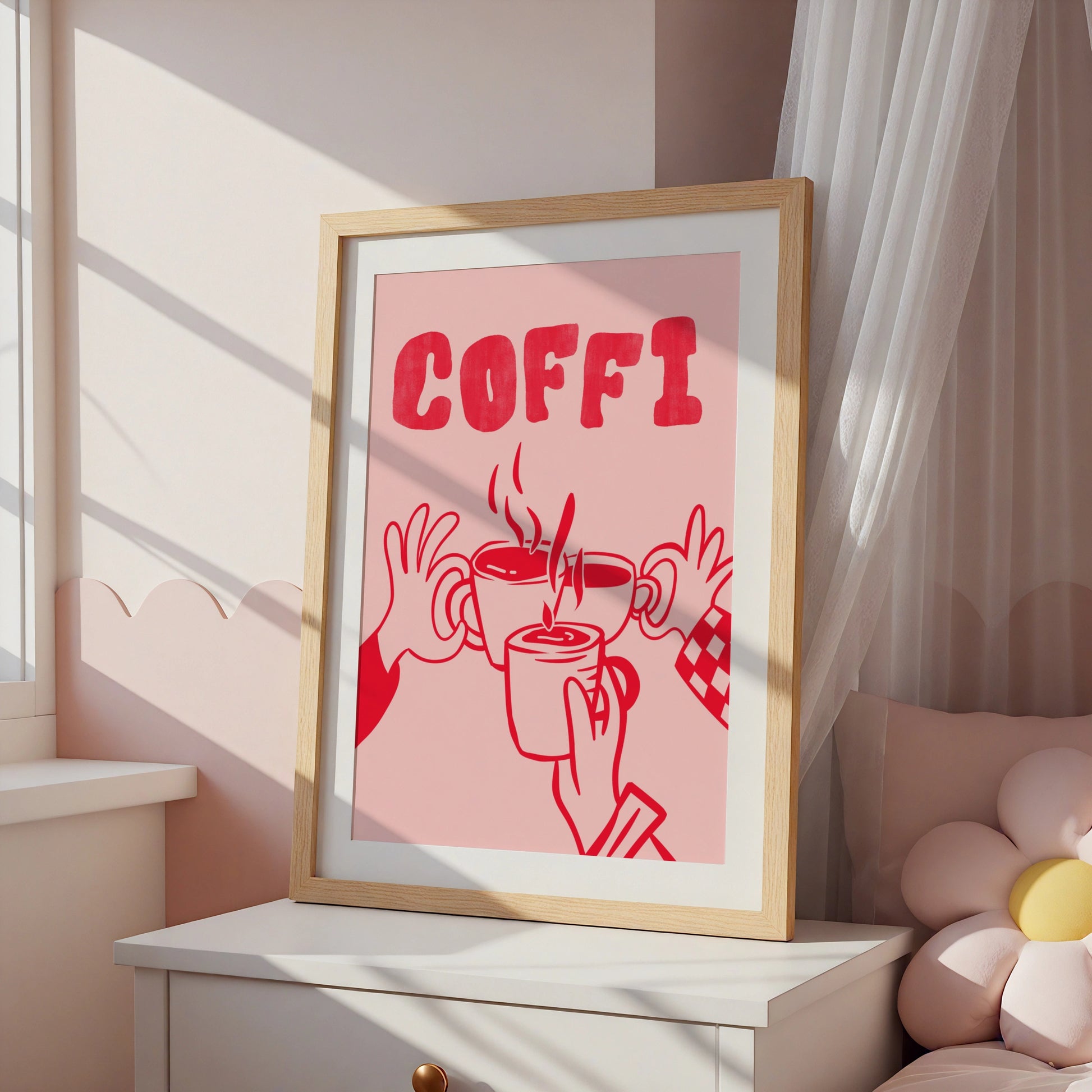 Coffi Welsh Coffee Poster, Wales Wall Art, Pink Red Kitchen Print, Cymraeg Gift