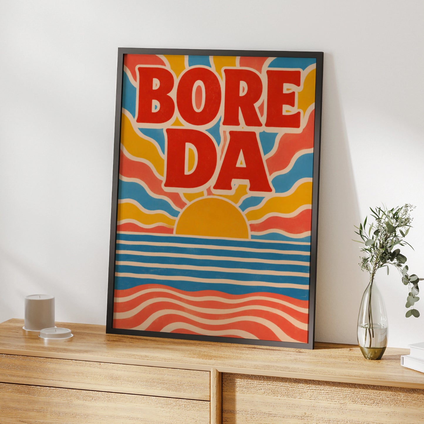 Bore Da Welsh Good Morning Poster, Wales Retro Sunrise Wall Art, Bright Colourful Print
