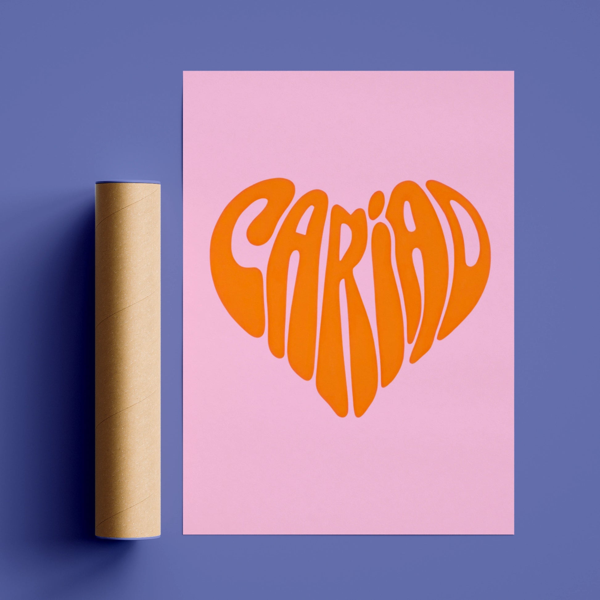 Cariad Welsh Love Heart Poster, Wales Wall Art, Pink Orange Retro Typography Print