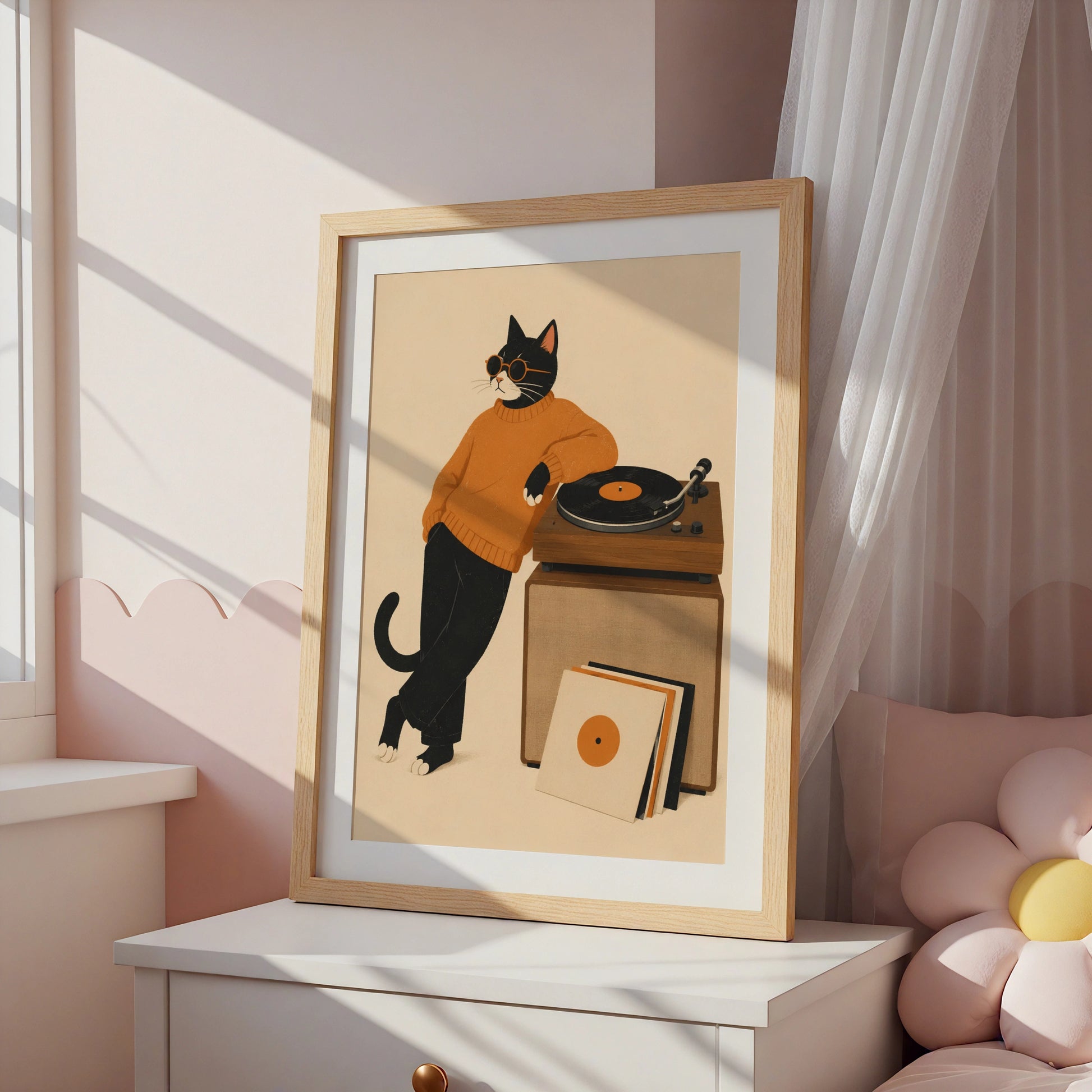 Cool Cat Vinyl Record Poster, Music Lover Wall Art, Retro Black Cat Print, Turntable Decor