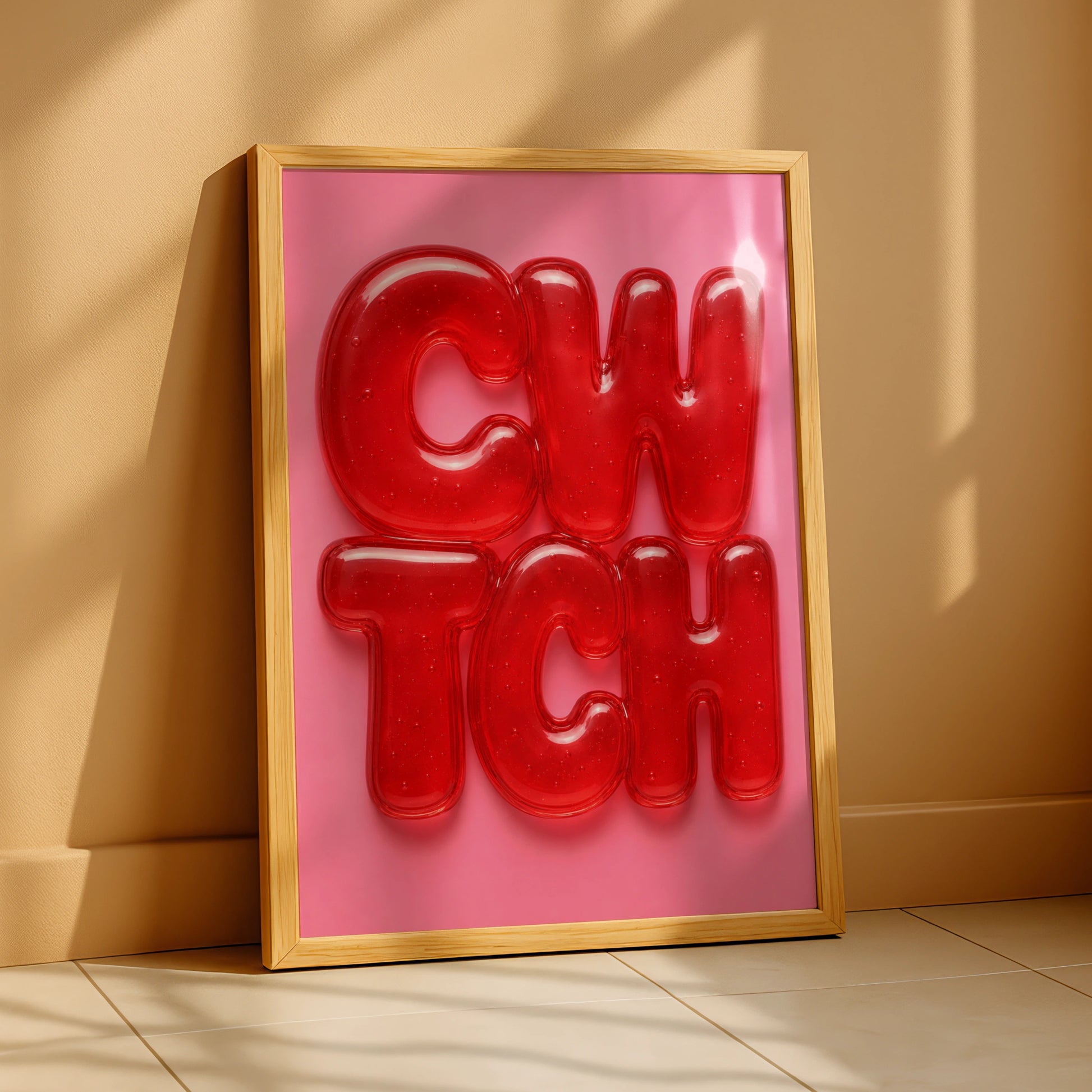 Cwtch Welsh Word Poster, Wales Jelly Bubble Letter Art, Red Pink Wall Print