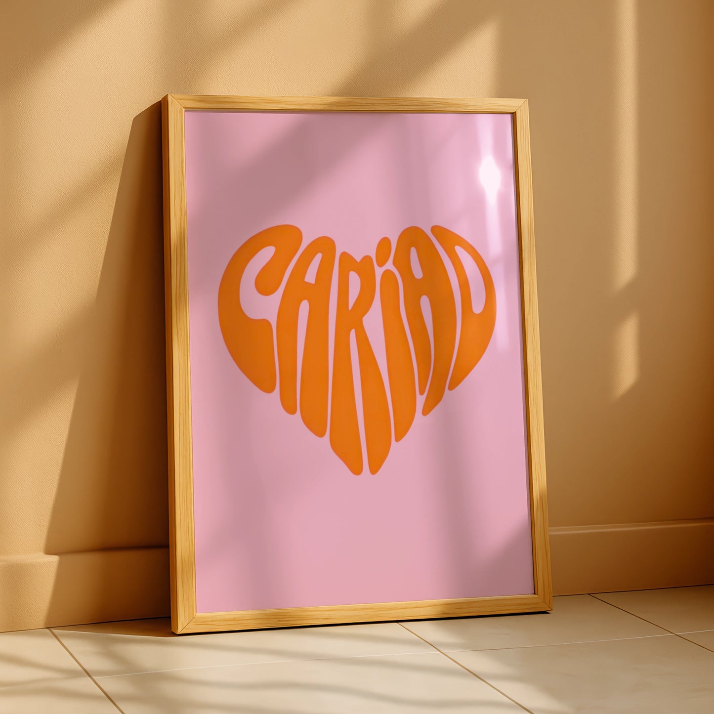 Cariad Welsh Love Heart Poster, Wales Wall Art, Pink Orange Retro Typography Print