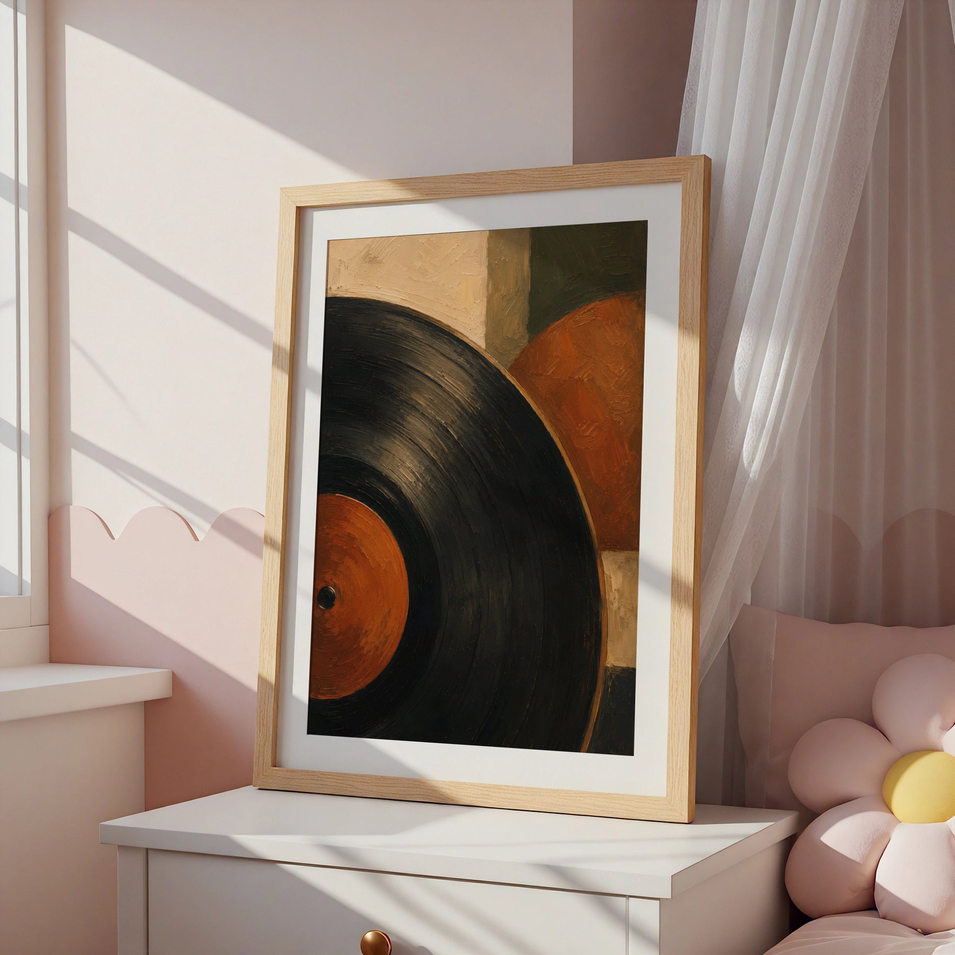 Vinyl Record Abstract Art Print, Retro Music Poster, Burnt Orange Earthy Tones Wall Art