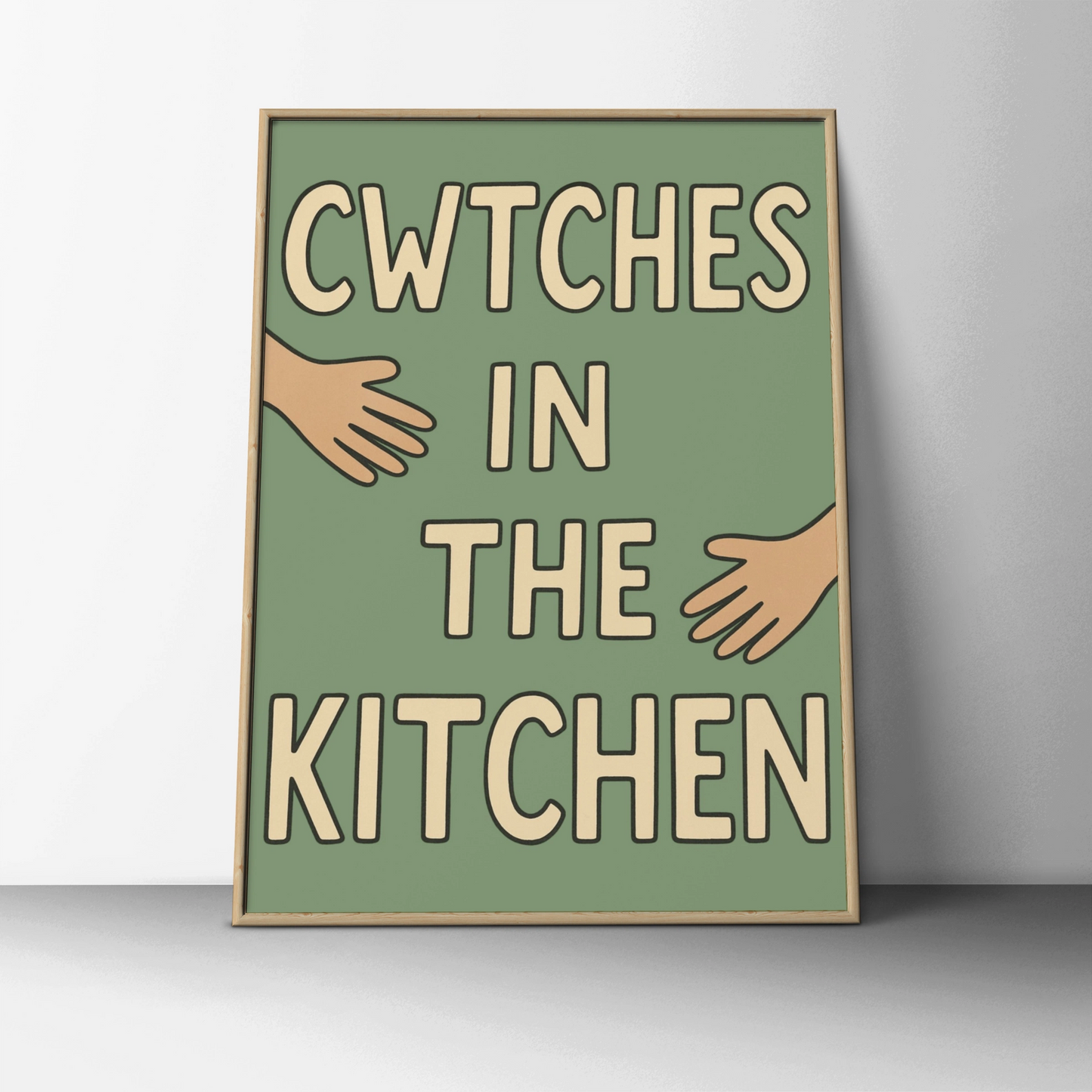 Cwtches in the Kitchen Welsh Print, Wales Wall Art, Sage Green Typography Poster