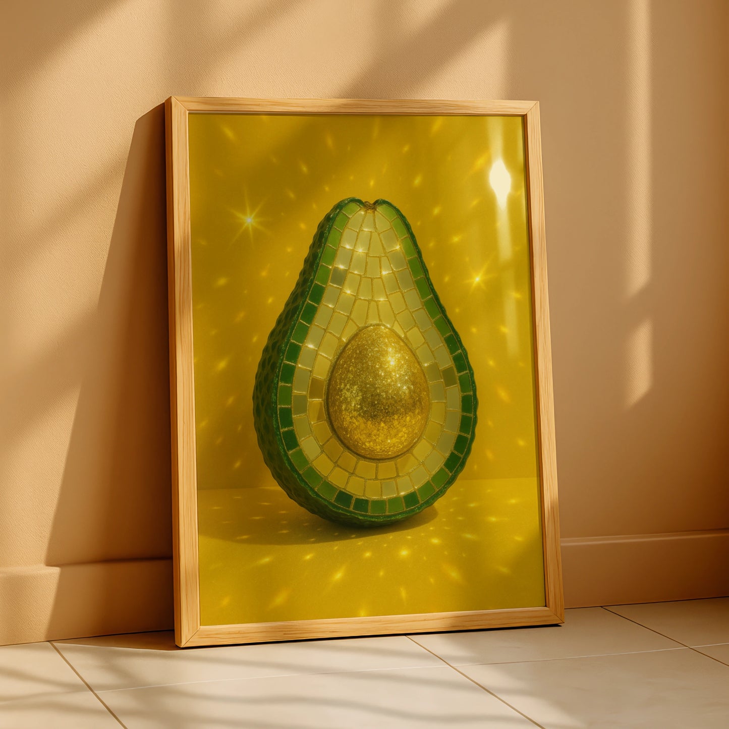 Mosaic disco avocado with a gold stone on a bright yellow background