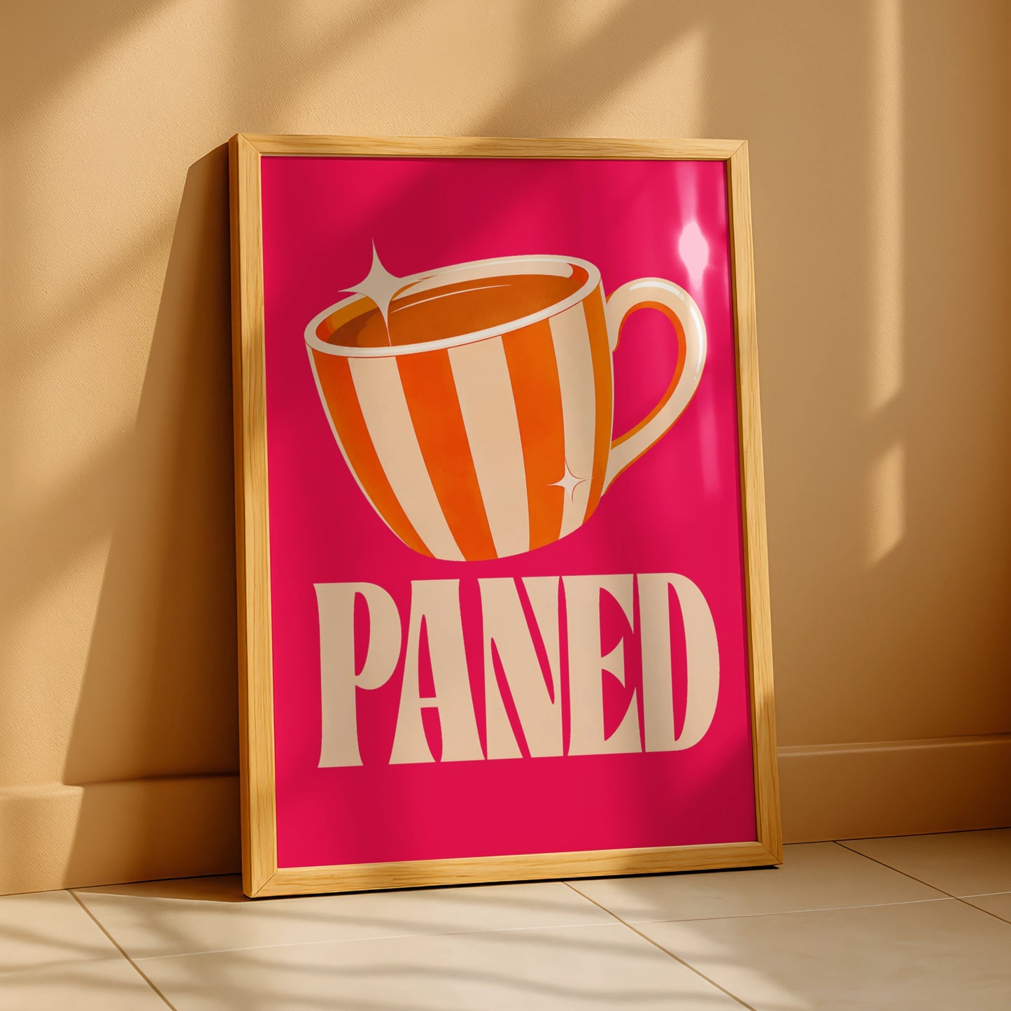 Paned Welsh Tea Cup Poster, Wales Wall Art, Retro Pink Orange Kitchen Print