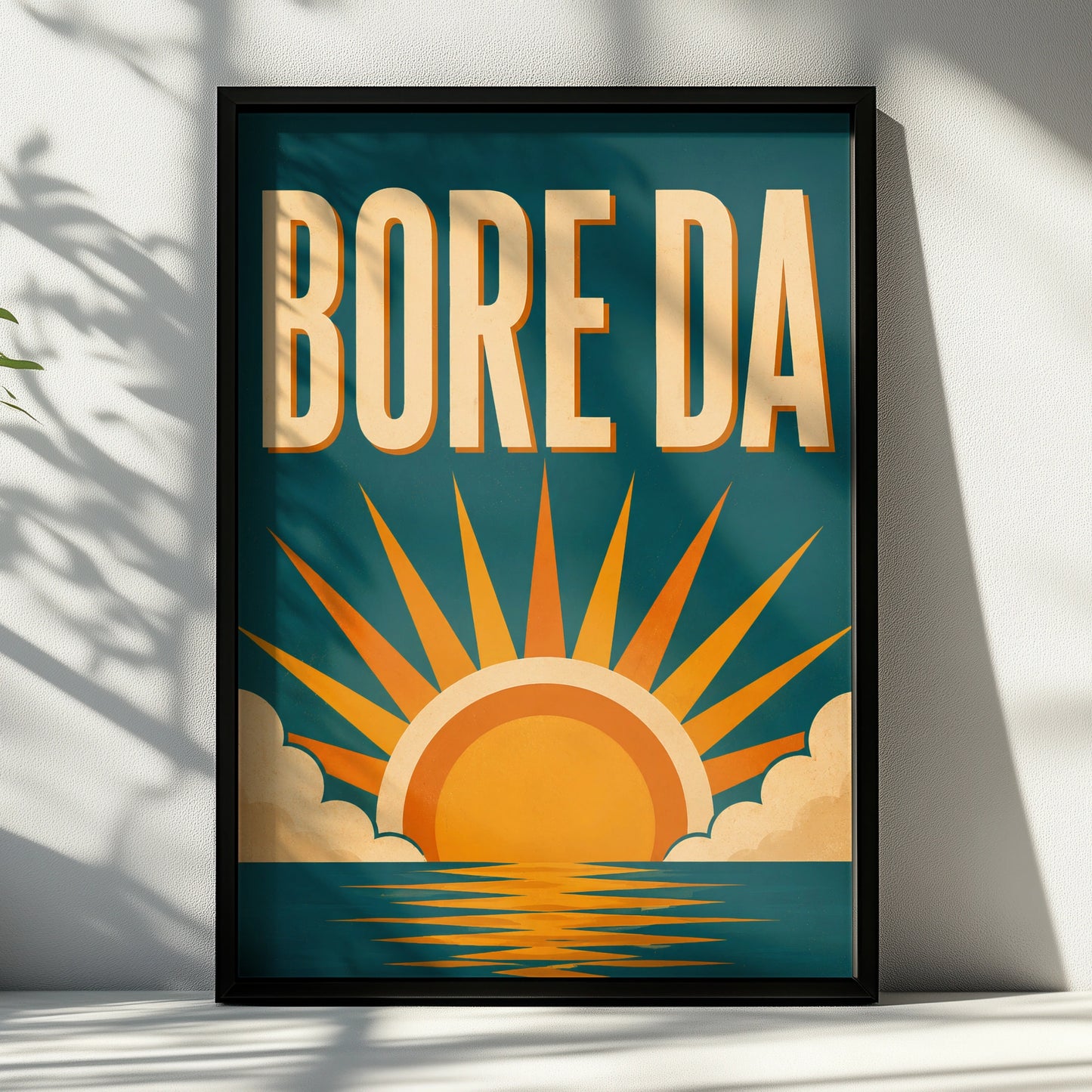 Bore Da Welsh poster with cream lettering and orange sunrise over a teal-blue sea