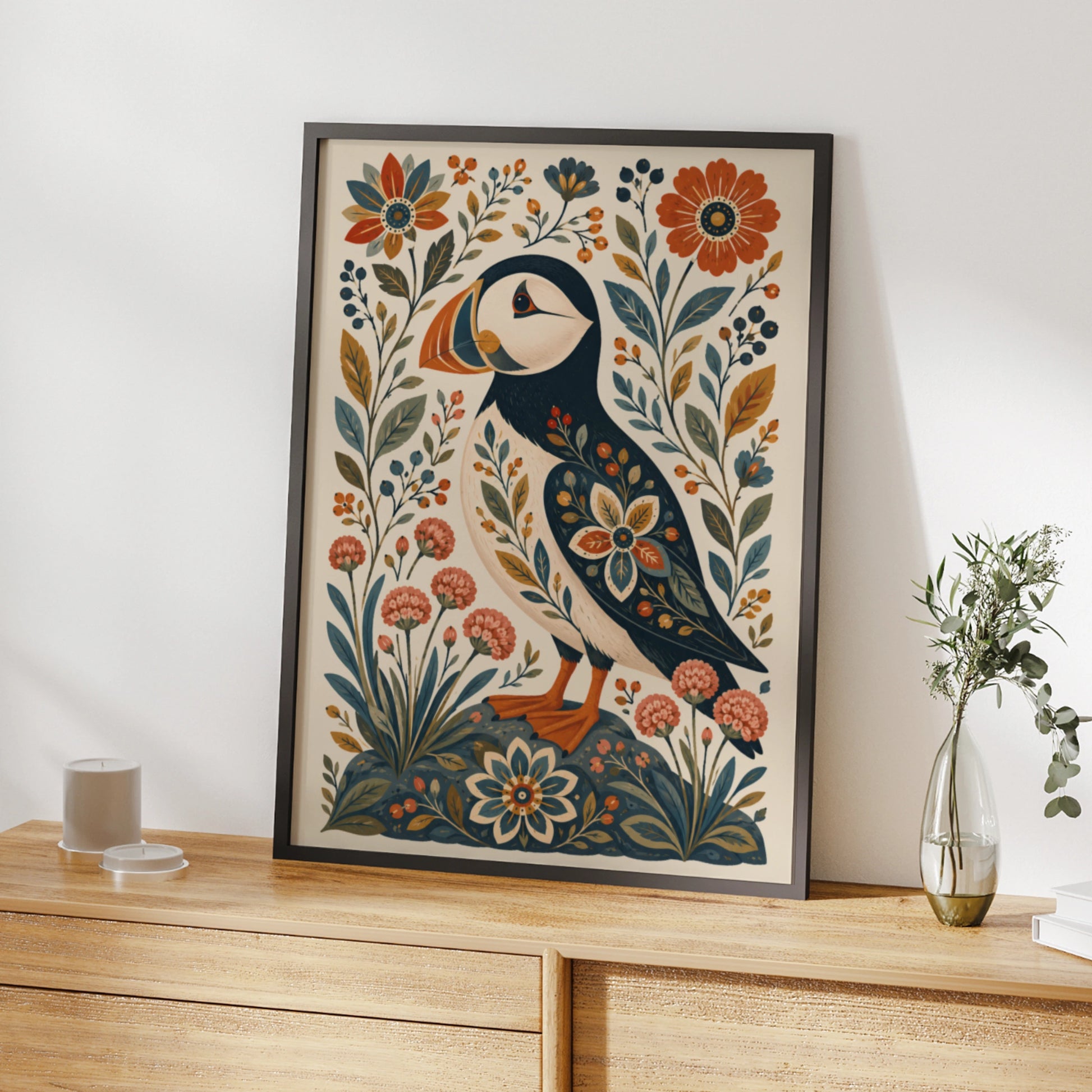 Folk Art Puffin Poster, Floral Bird Wall Art, Botanical Nordic Print, Nature Lover Gift