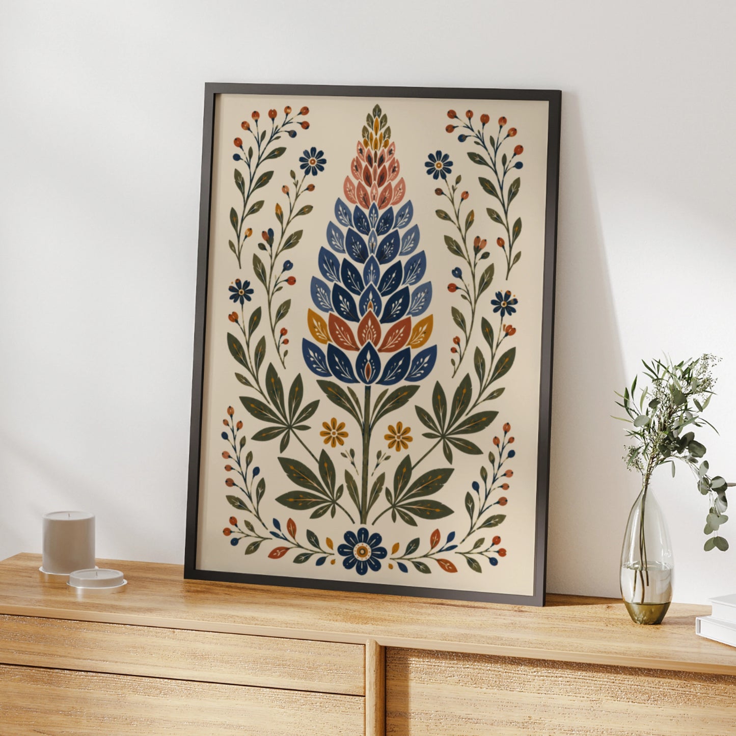 Folk Art Lupin Poster, Botanical Wildflower Print, Navy Blue Floral Wall Art, Scandi Style