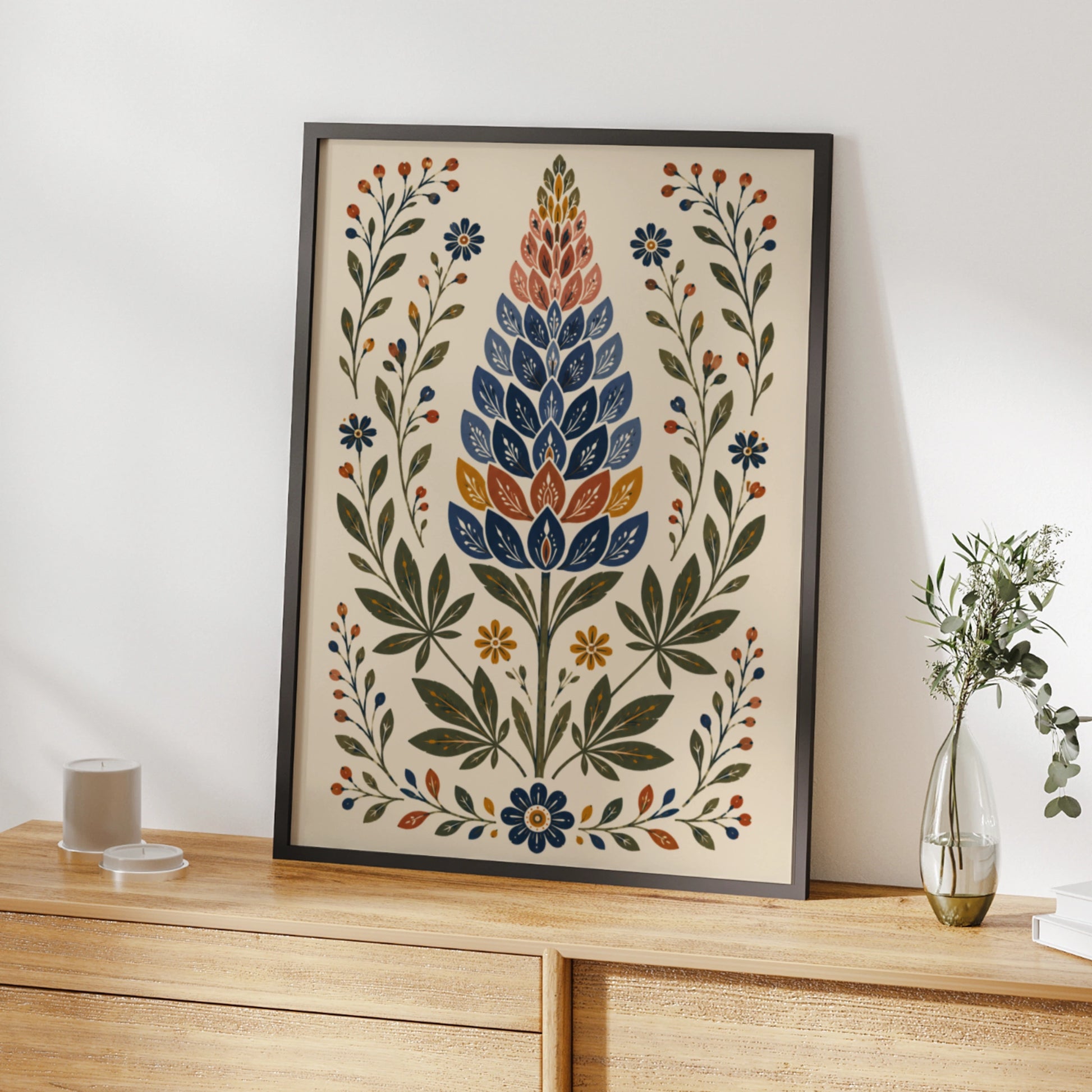 Folk Art Lupin Poster, Botanical Wildflower Print, Navy Blue Floral Wall Art, Scandi Style