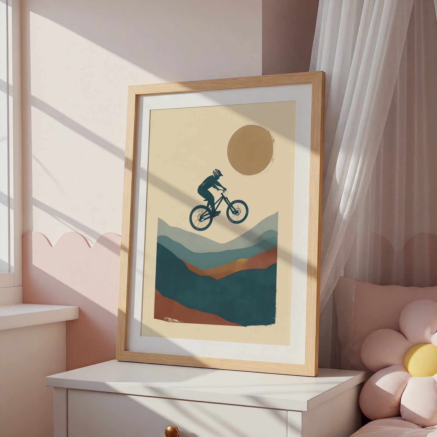 Mountain Bike Jump Poster, MTB Wall Art, Minimalist Cycling Print, Teal Terracotta Retro