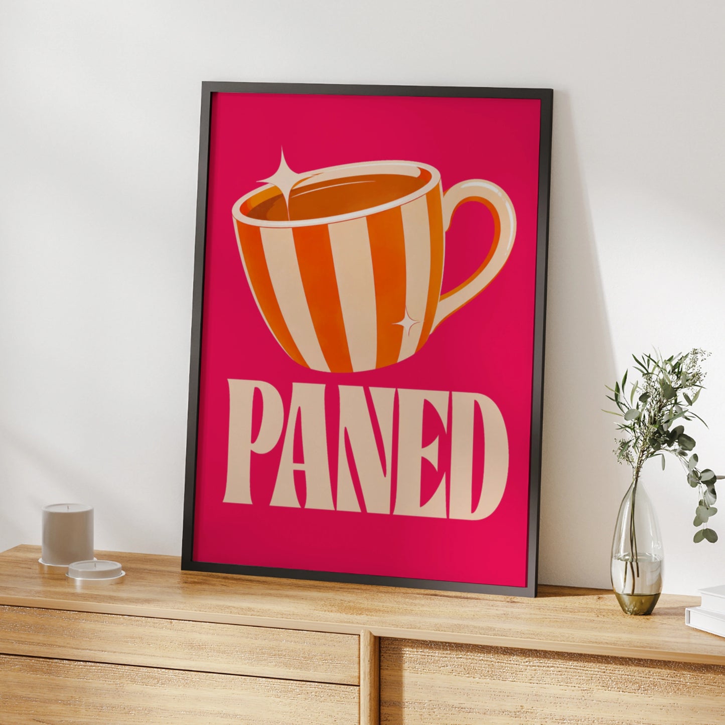 Paned Welsh Tea Cup Poster, Wales Wall Art, Retro Pink Orange Kitchen Print