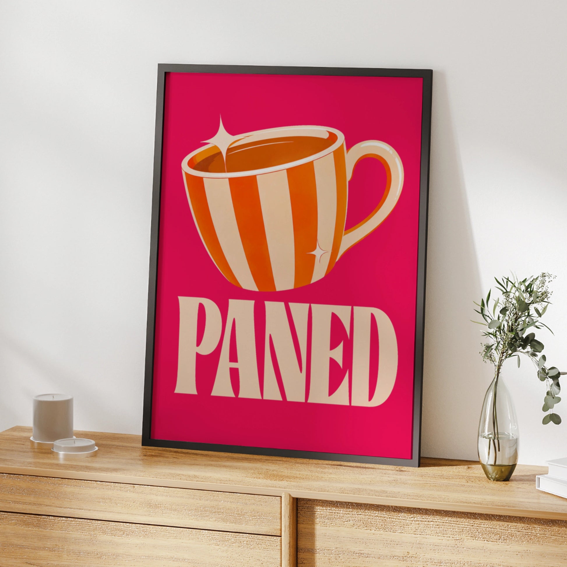 Paned Welsh Tea Cup Poster, Wales Wall Art, Retro Pink Orange Kitchen Print
