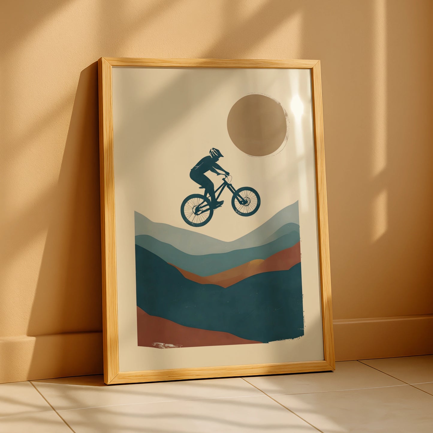 Mountain Bike Jump Poster, MTB Wall Art, Minimalist Cycling Print, Teal Terracotta Retro