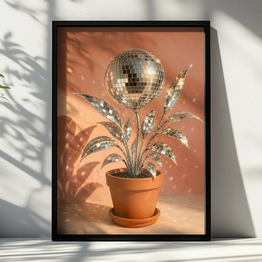Silver disco ball plant in a terracotta pot against a warm pink background