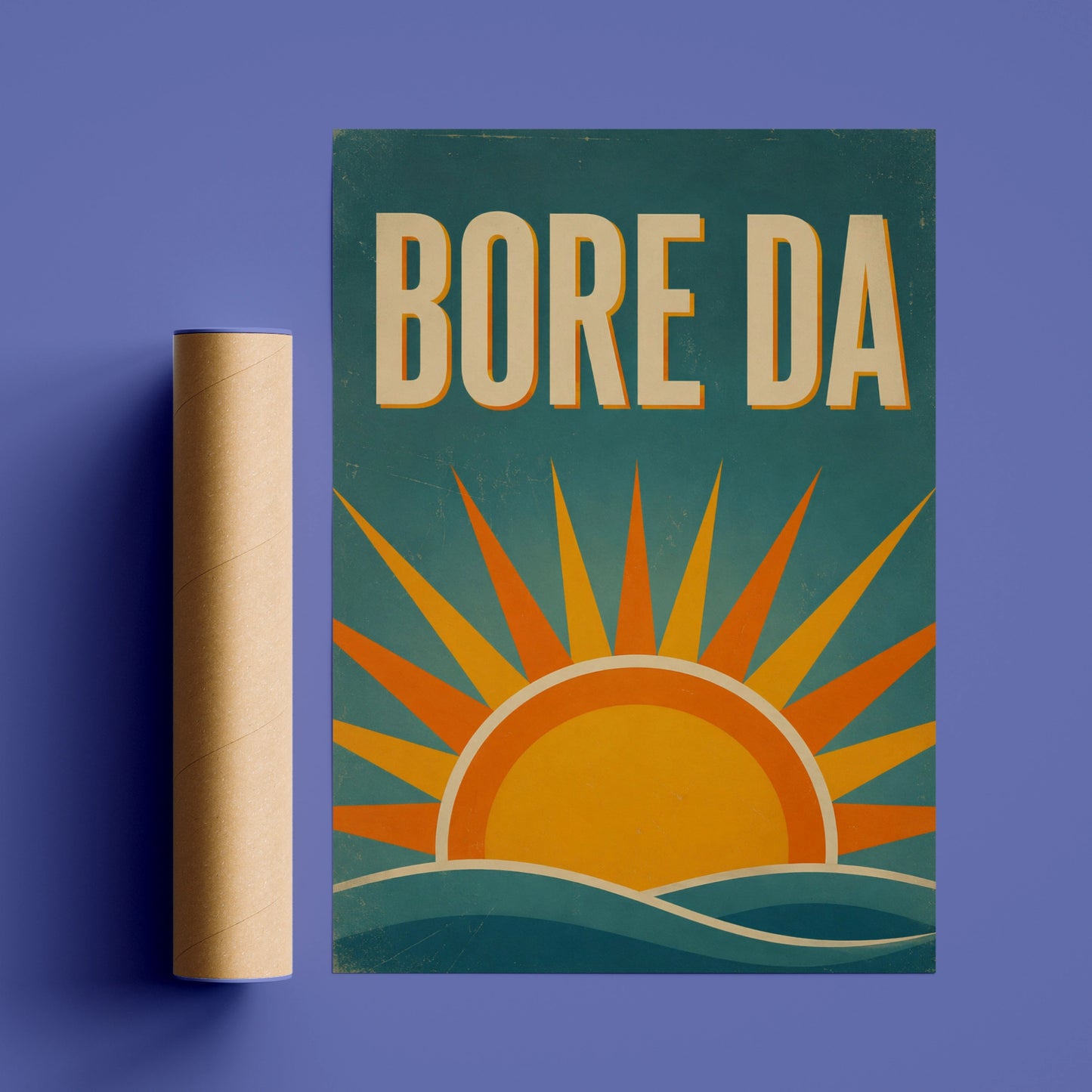 Bore Da Welsh Good Morning Poster, Wales Retro Sunrise Wall Art, Teal Orange Print