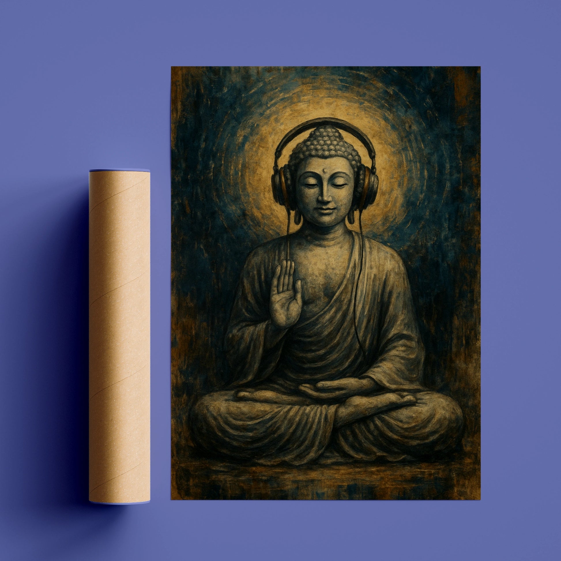 Buddha Headphones Poster, Meditation Wall Art, Spiritual Music Print, Blue Gold Decor